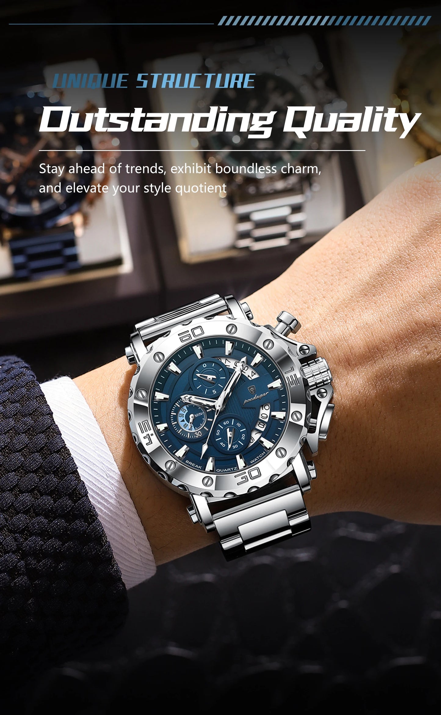 Large Chronograph Watch – Luminous Numberless Dial with Hidden Clasp