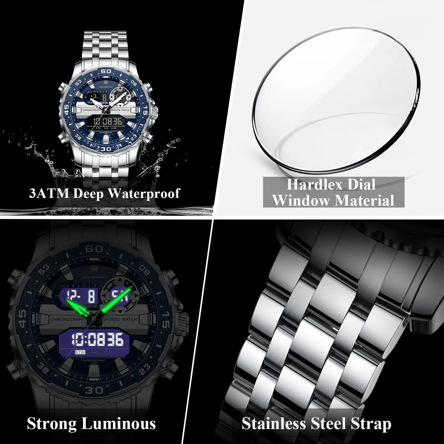 Square Chronograph Watch – Large Numberless Dial with Hidden Clasp Bracelet