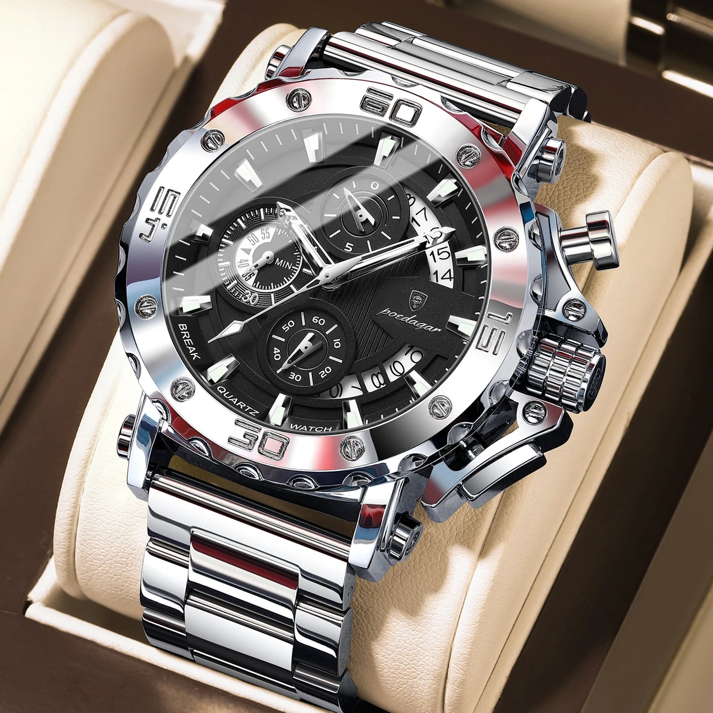 Large Chronograph Watch – Luminous Numberless Dial with Hidden Clasp