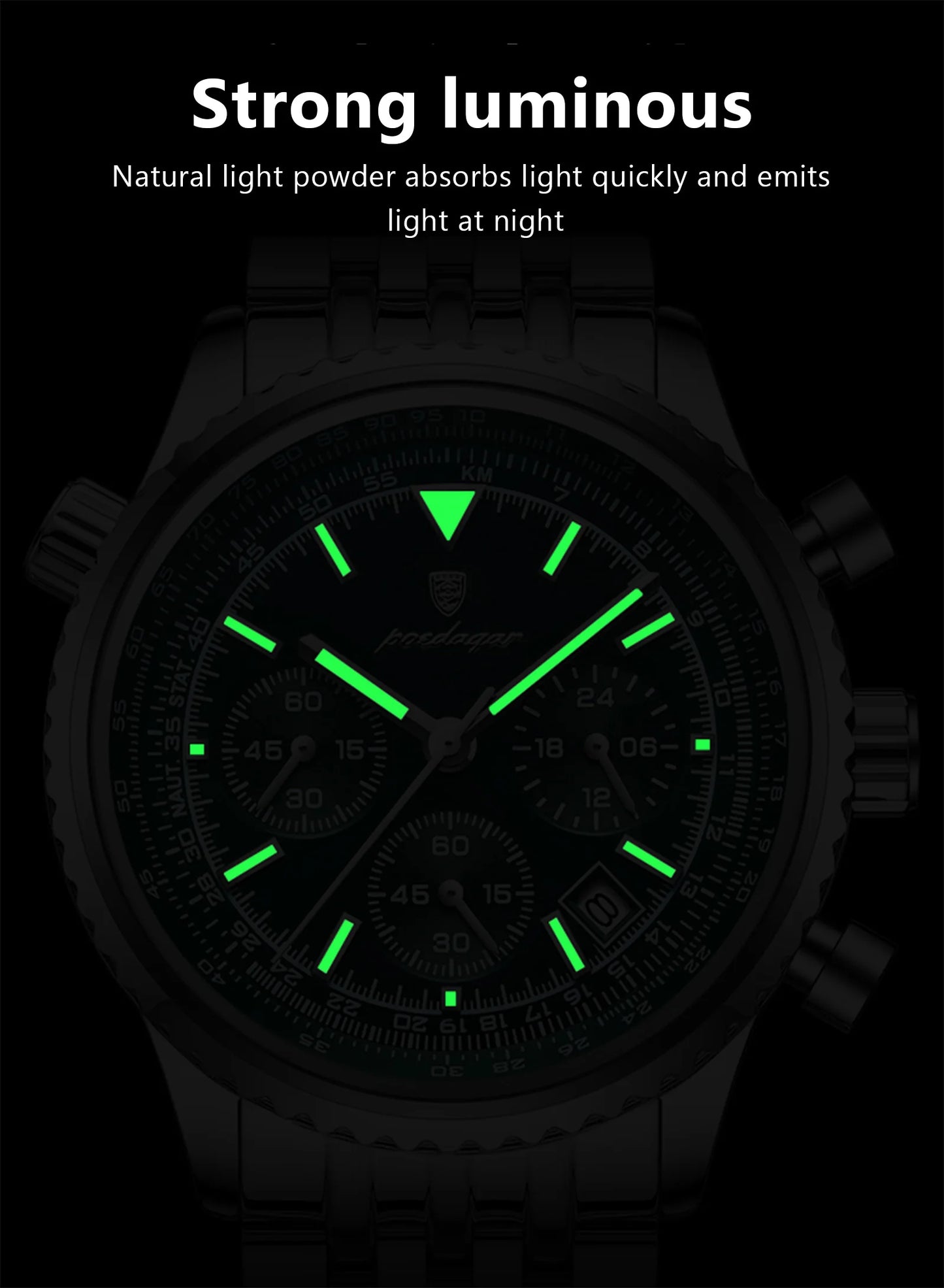 Chronograph Date Watch – Luminous Numberless Dial with Hidden Clasp Bracelet