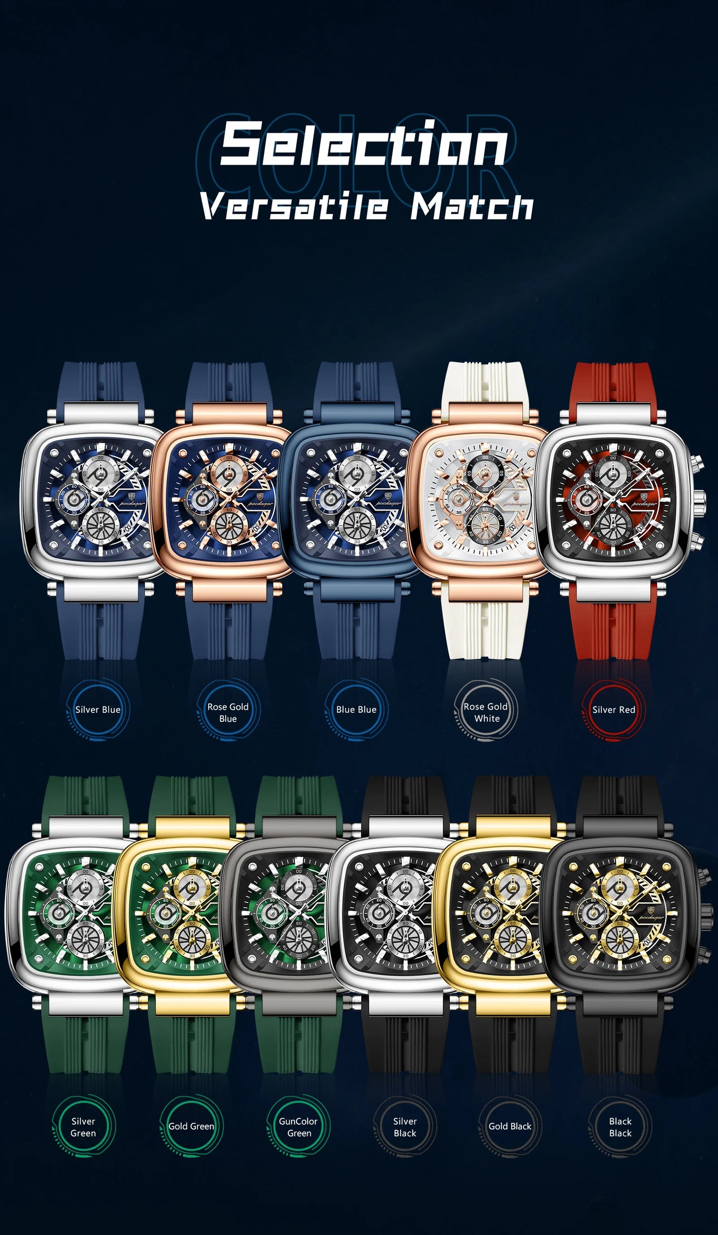 Square Chronograph Sport Watch – Luminous Dial with Silicone Strap & Date