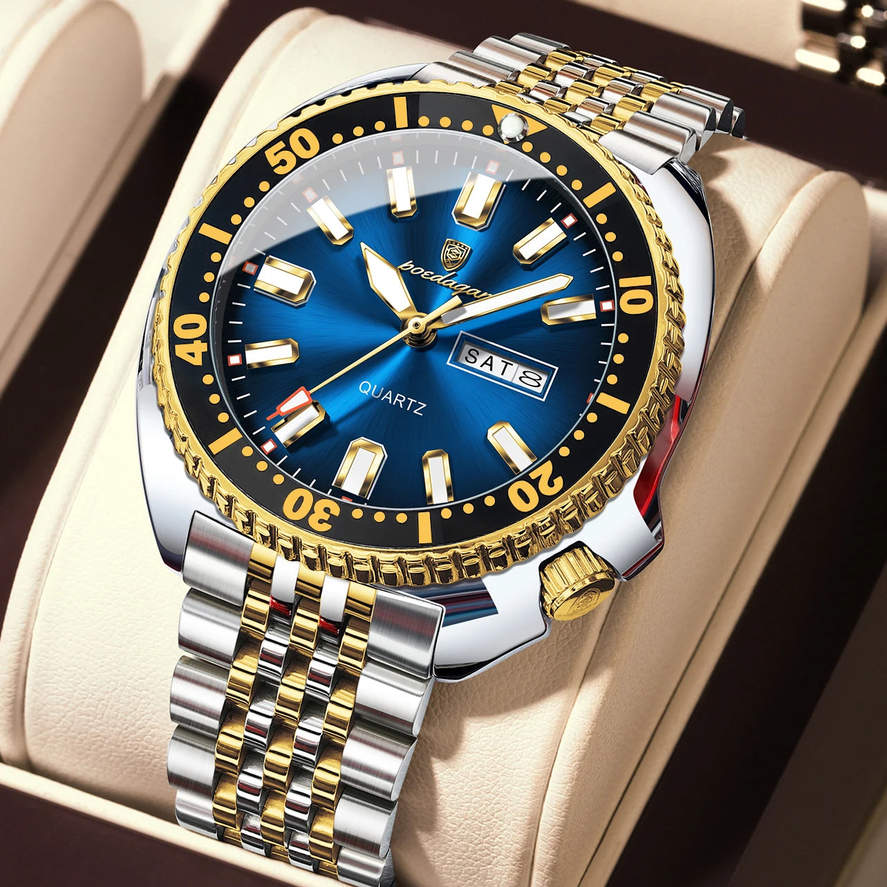 Large Full Calendar Watch – Luminous Numberless Dial with Hidden Clasp Bracelet