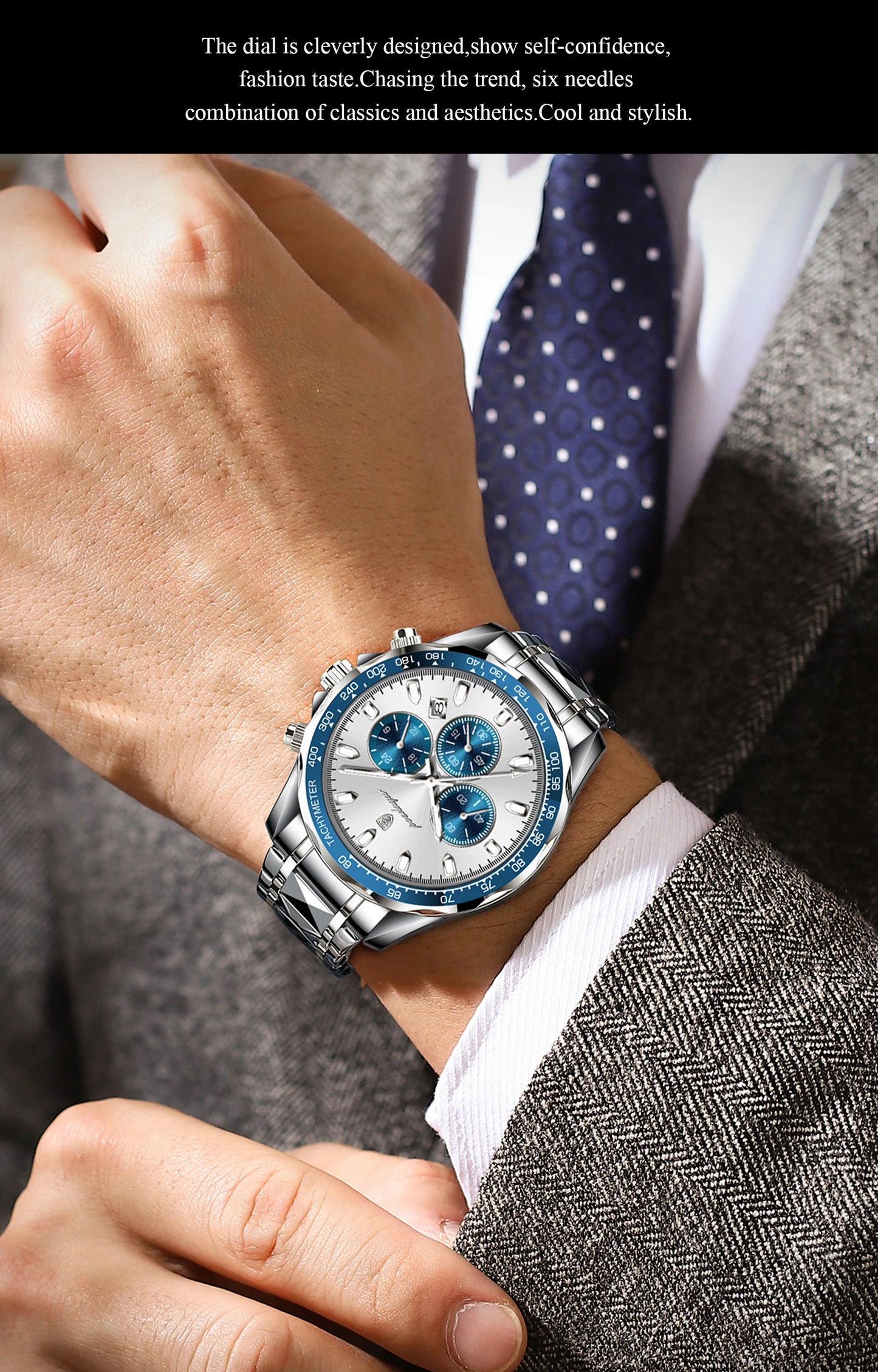 Chronograph Business Watch – Luminous Numberless Dial with Hidden Clasp Bracelet