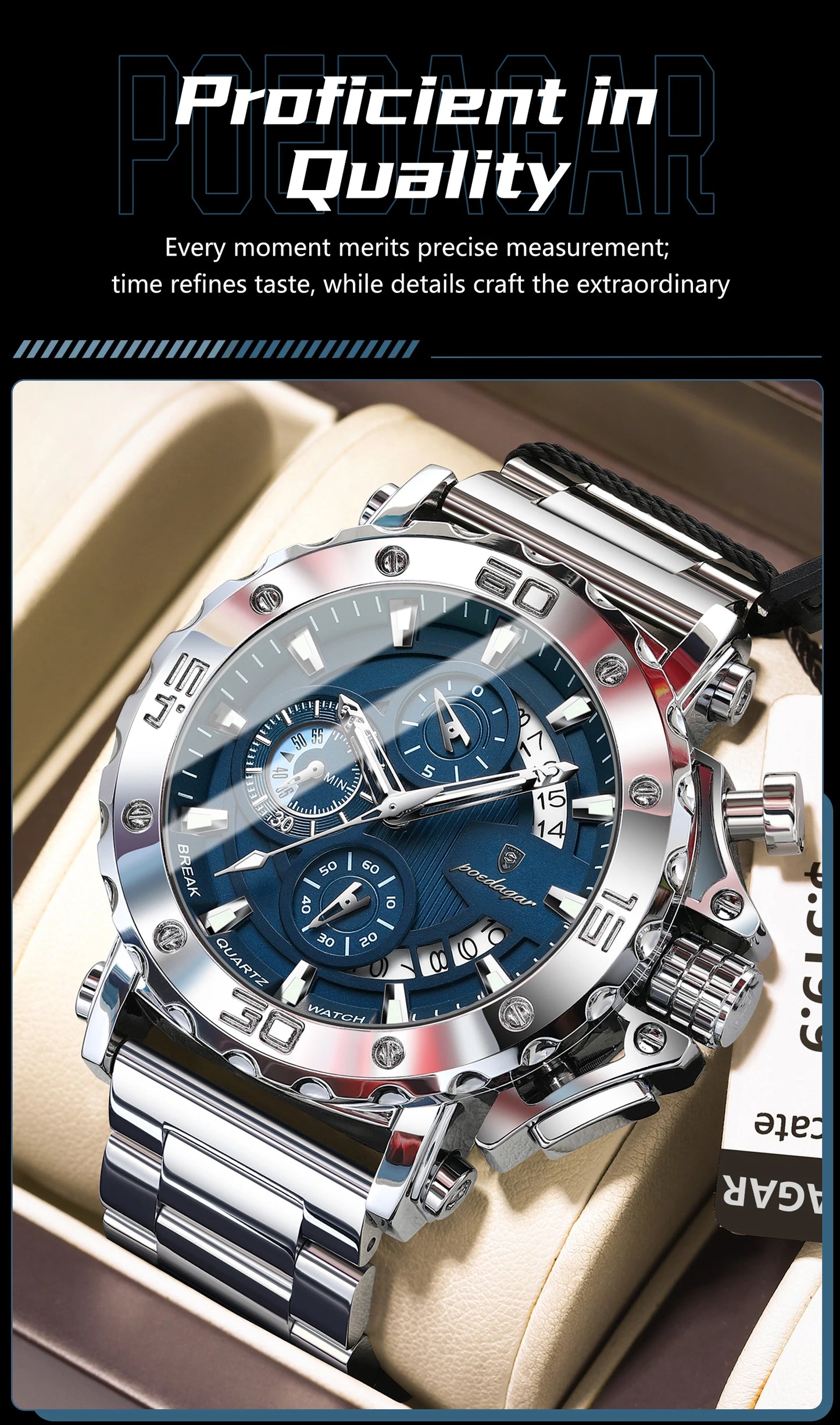 Large Chronograph Watch – Luminous Numberless Dial with Hidden Clasp