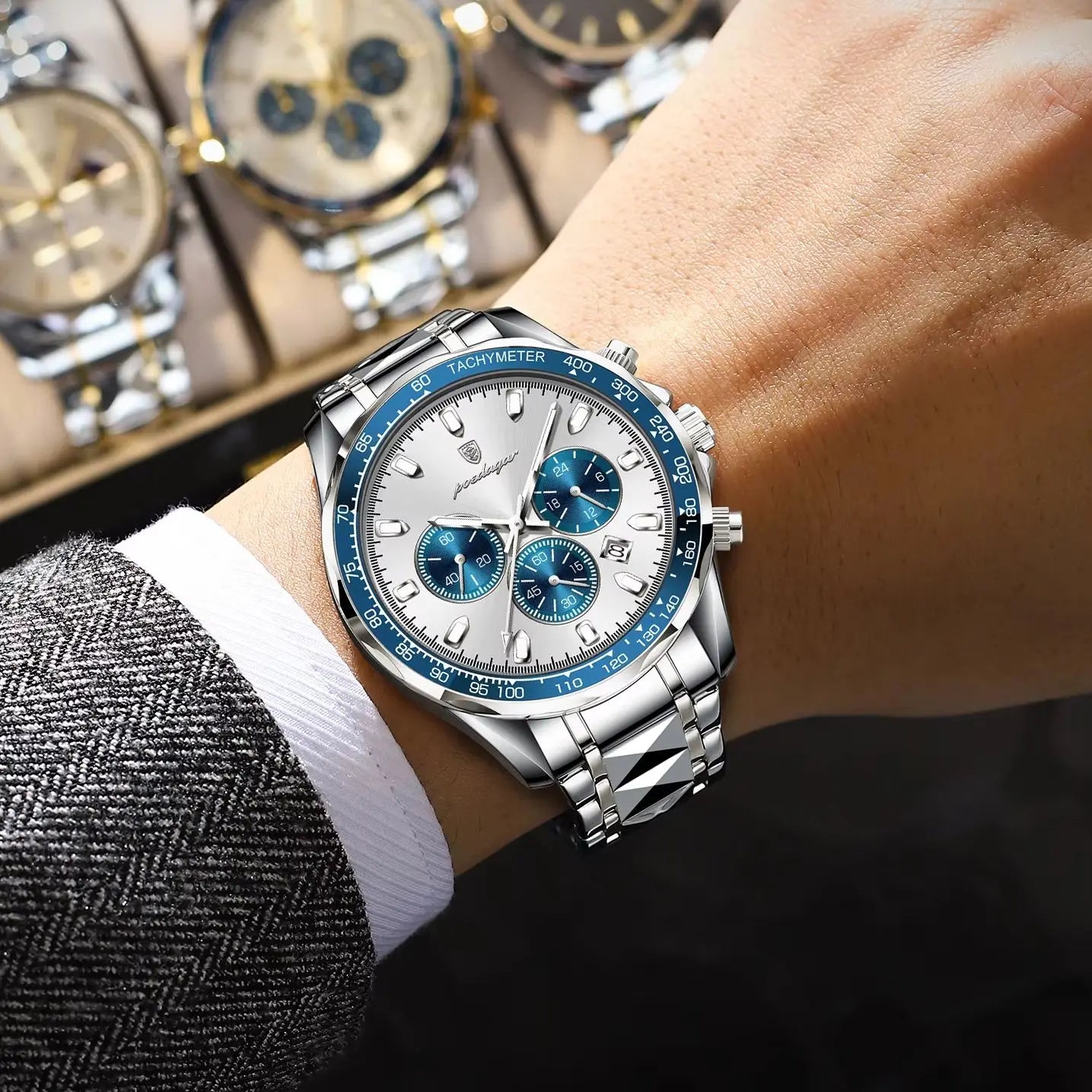 Chronograph Business Watch – Luminous Numberless Dial with Hidden Clasp Bracelet