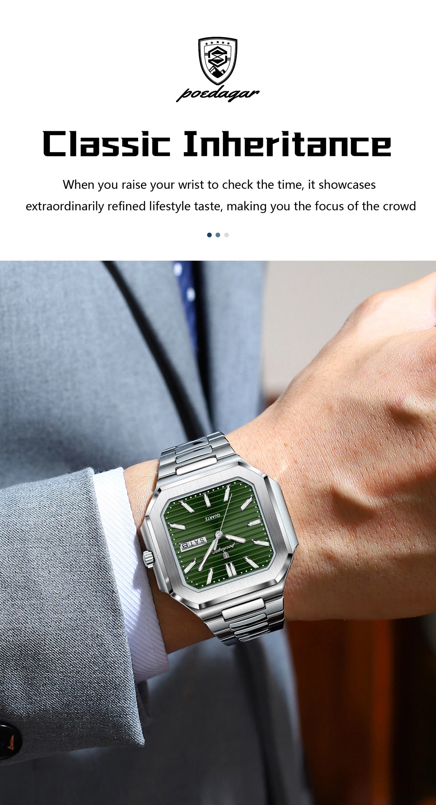 Square Stainless Steel Watch – Luminous Numberless Dial with Hidden Clasp