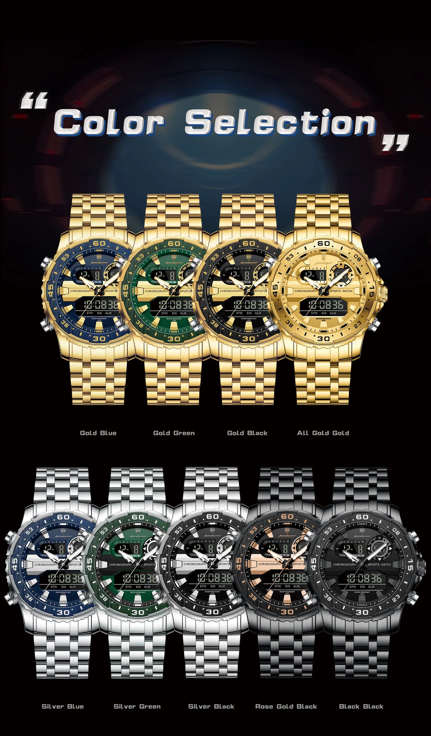 Square Chronograph Watch – Large Numberless Dial with Hidden Clasp Bracelet