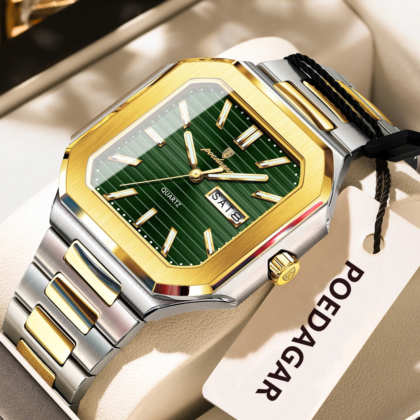 Square Stainless Steel Watch – Luminous Numberless Dial with Hidden Clasp