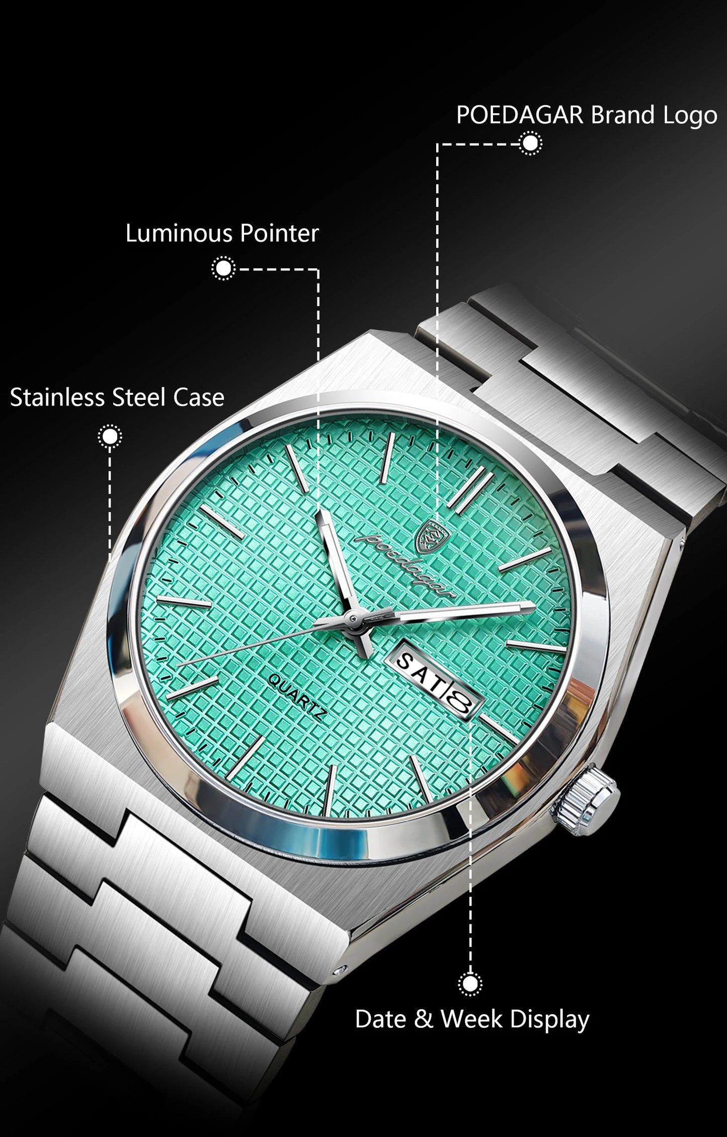Full Calendar Stainless Steel Watch – Luminous Dial with Hidden Clasp Bracelet