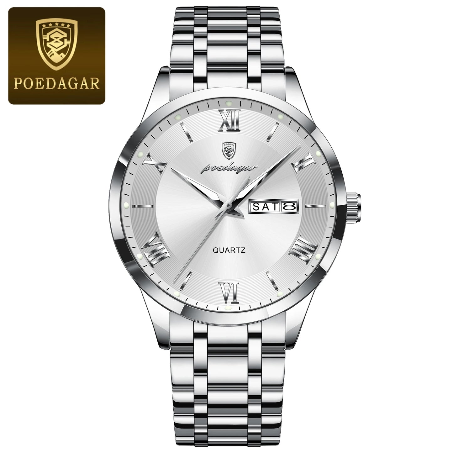 Roman Numeral Full Calendar Watch – Luminous Dial with Date, Week & Hidden Clasp