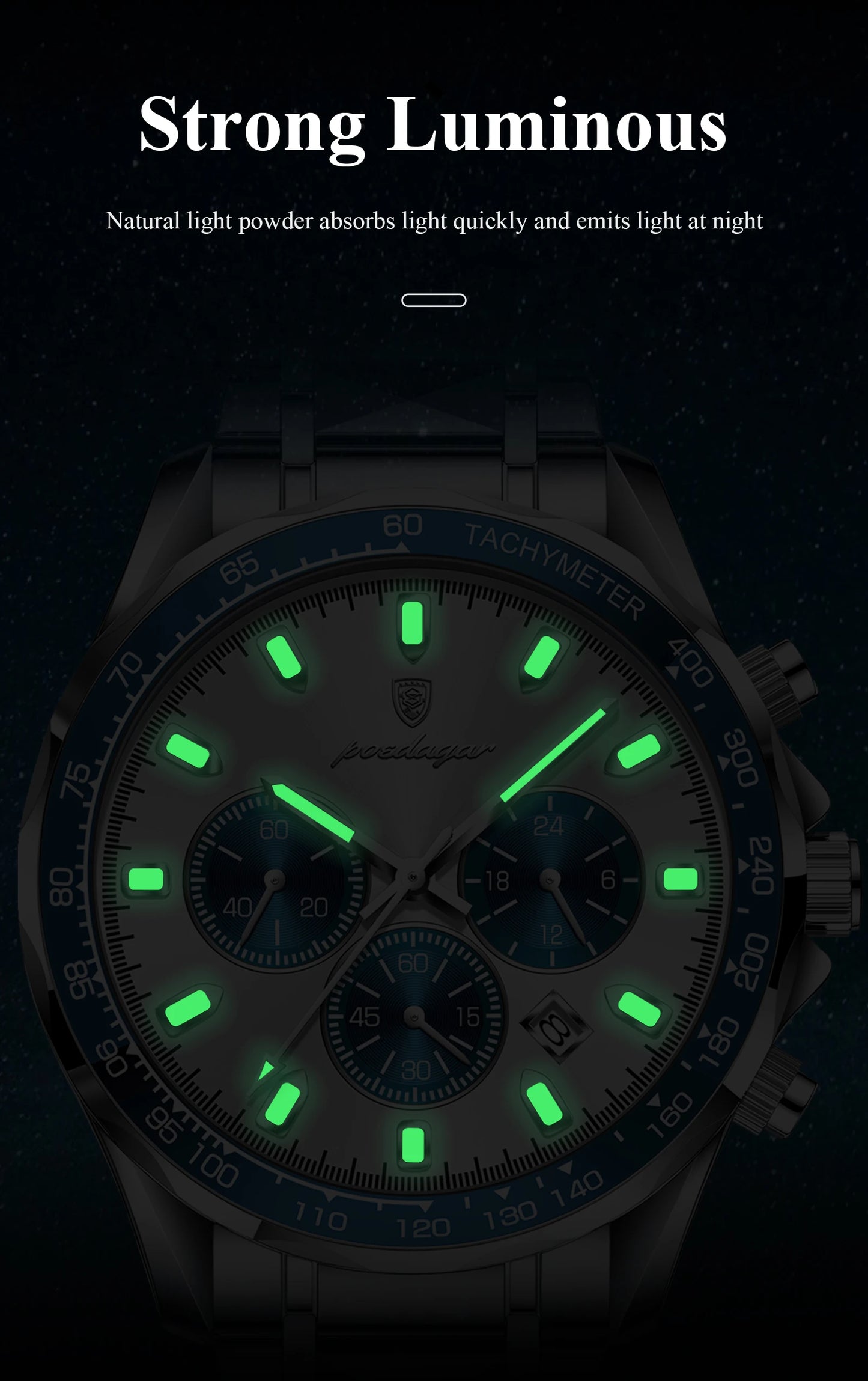 Chronograph Business Watch – Luminous Numberless Dial with Hidden Clasp Bracelet