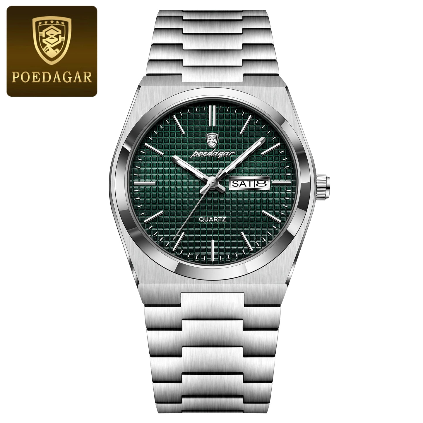 Full Calendar Stainless Steel Watch – Luminous Dial with Date, Week & Hidden Clasp