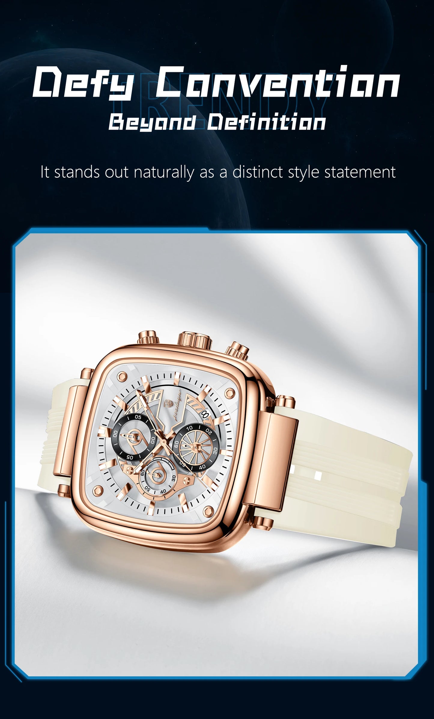 Square Chronograph Sport Watch – Luminous Dial with Silicone Strap & Date
