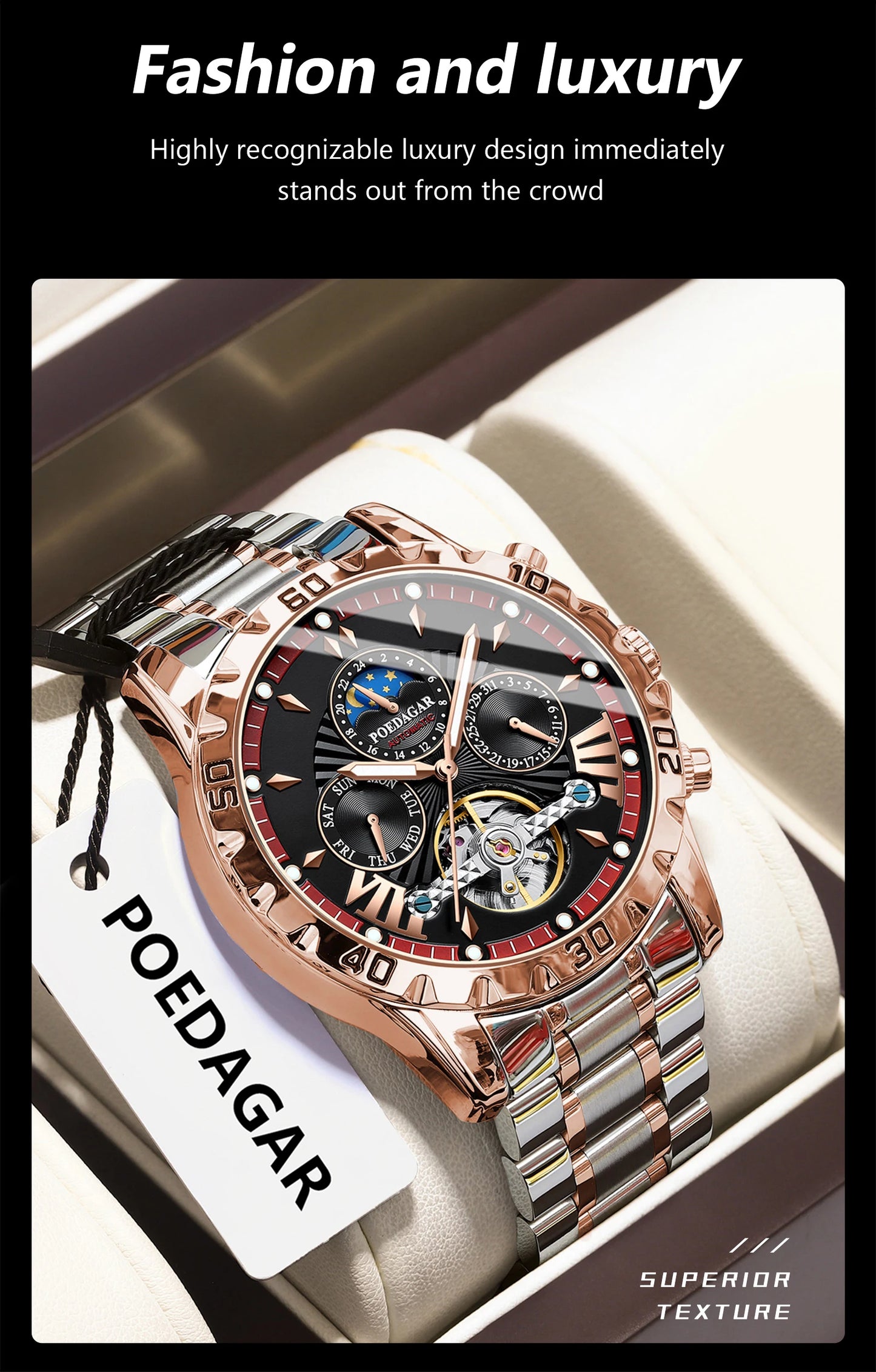 Automatic Skeleton Watch – Tourbillon Style with Full Calendar & Sapphire Crystal