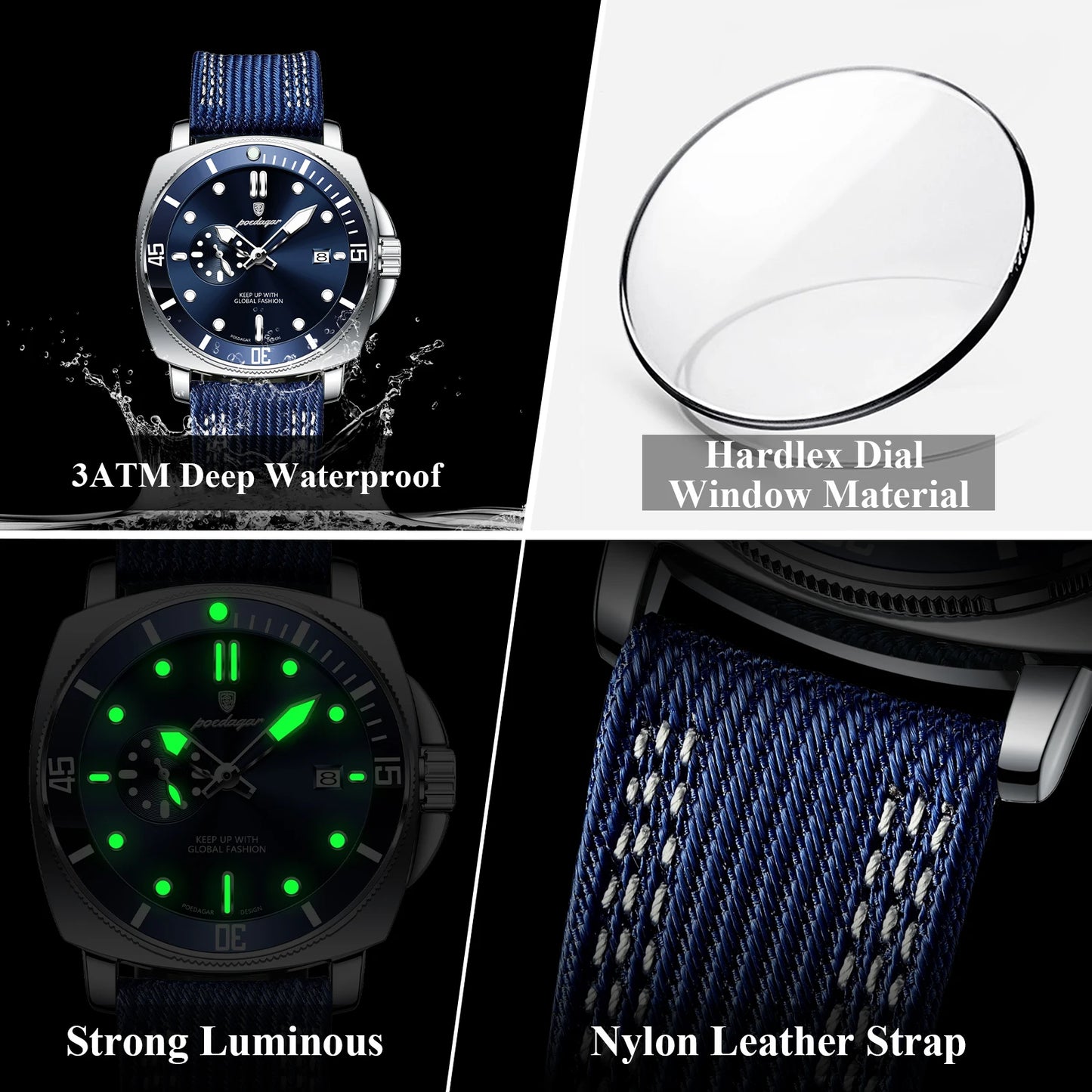 Nylon Strap Business Watch – Luminous Dial with Date & Hidden Clasp