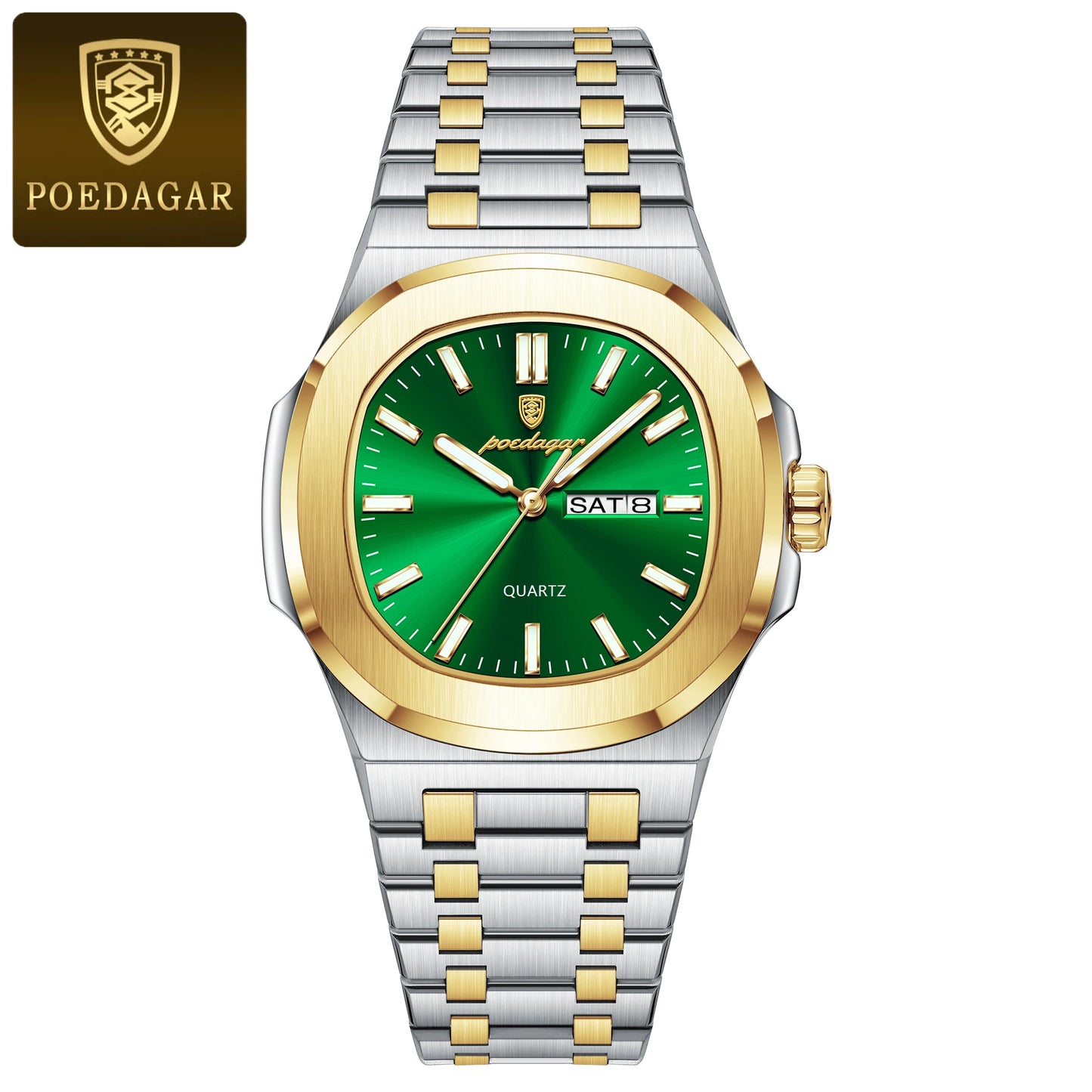 Square Full Calendar Watch – Date & Week Display with Hidden Clasp Bracelet