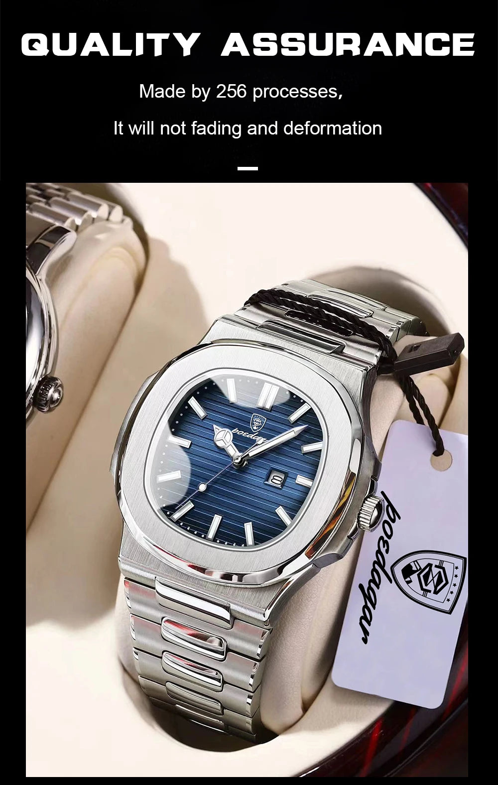 Square Stainless Steel Gift Set – Date Display with Luminous Dial & Hidden Clasp