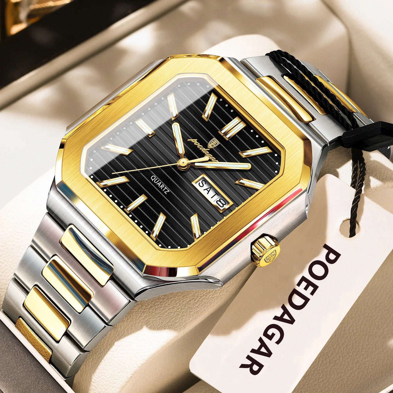 Square Stainless Steel Watch – Luminous Numberless Dial with Hidden Clasp