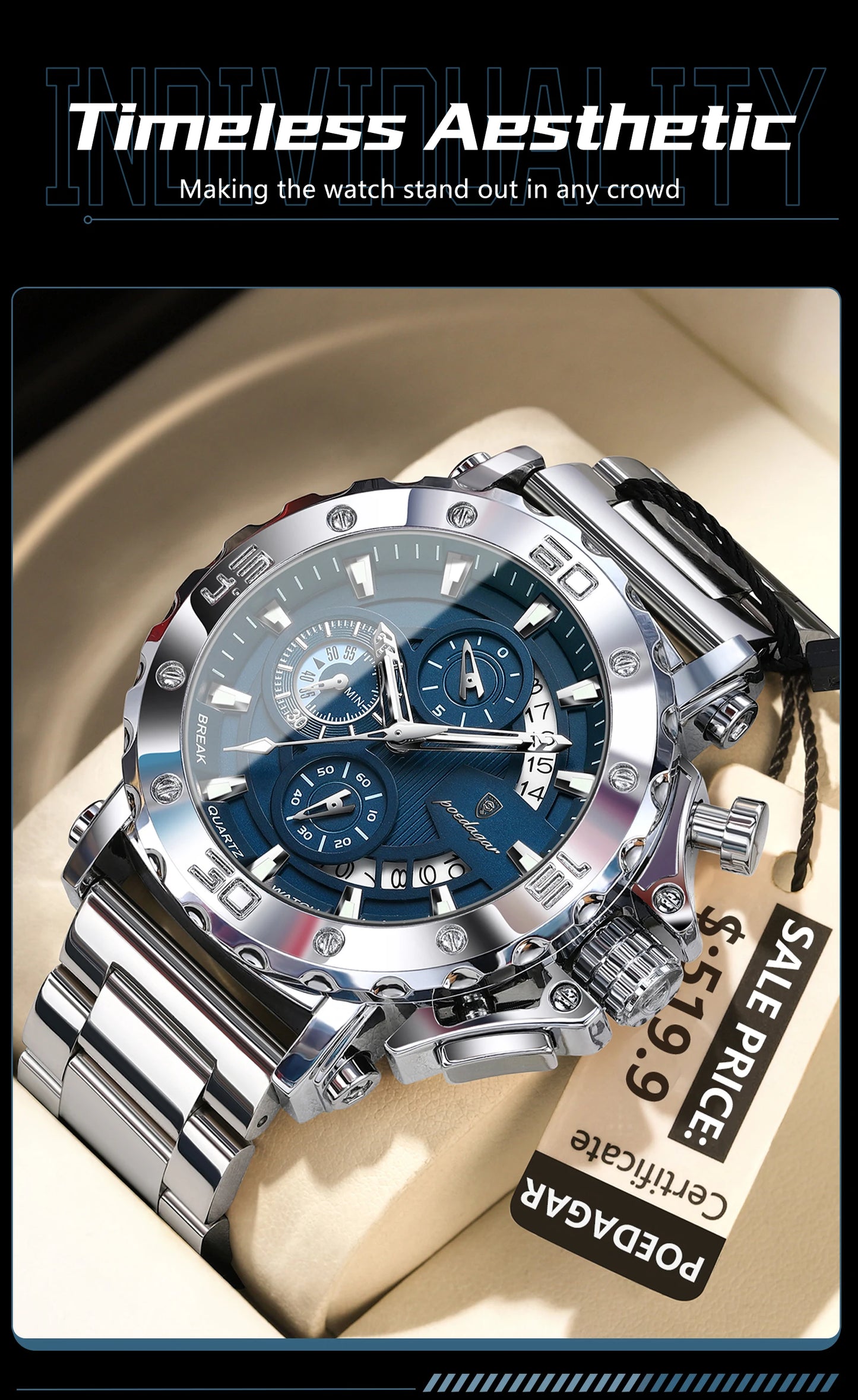 Large Chronograph Watch – Luminous Numberless Dial with Hidden Clasp