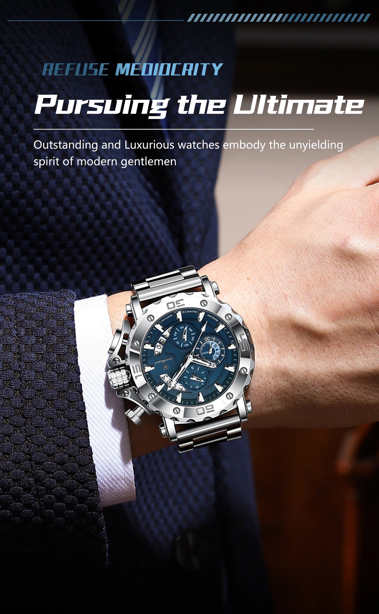 Large Chronograph Watch – Luminous Numberless Dial with Hidden Clasp