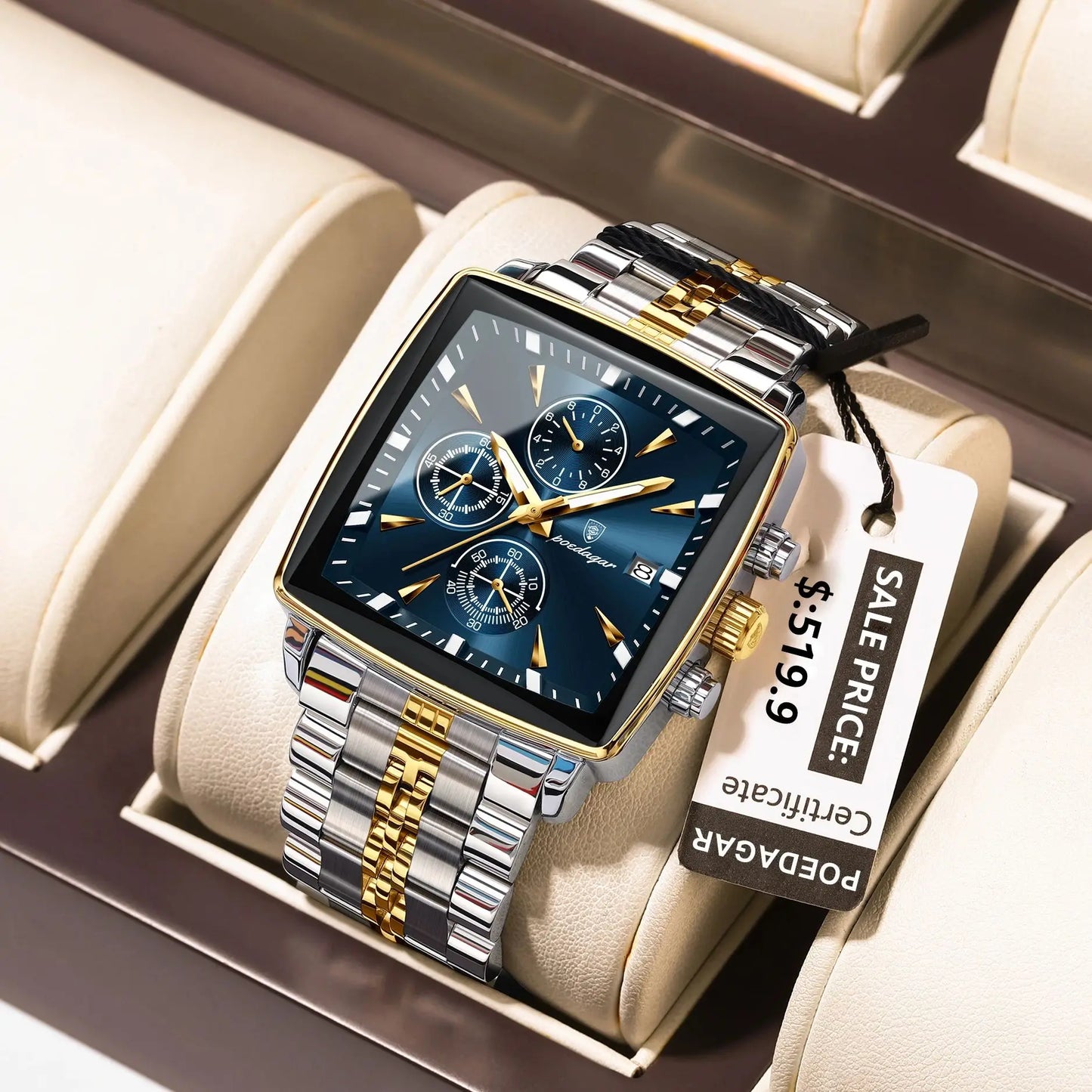 Square Chronograph Watch – Bold Numberless Dial with Hidden Clasp Bracelet