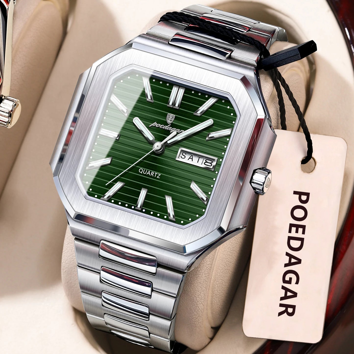 Square Stainless Steel Watch – Luminous Numberless Dial with Hidden Clasp
