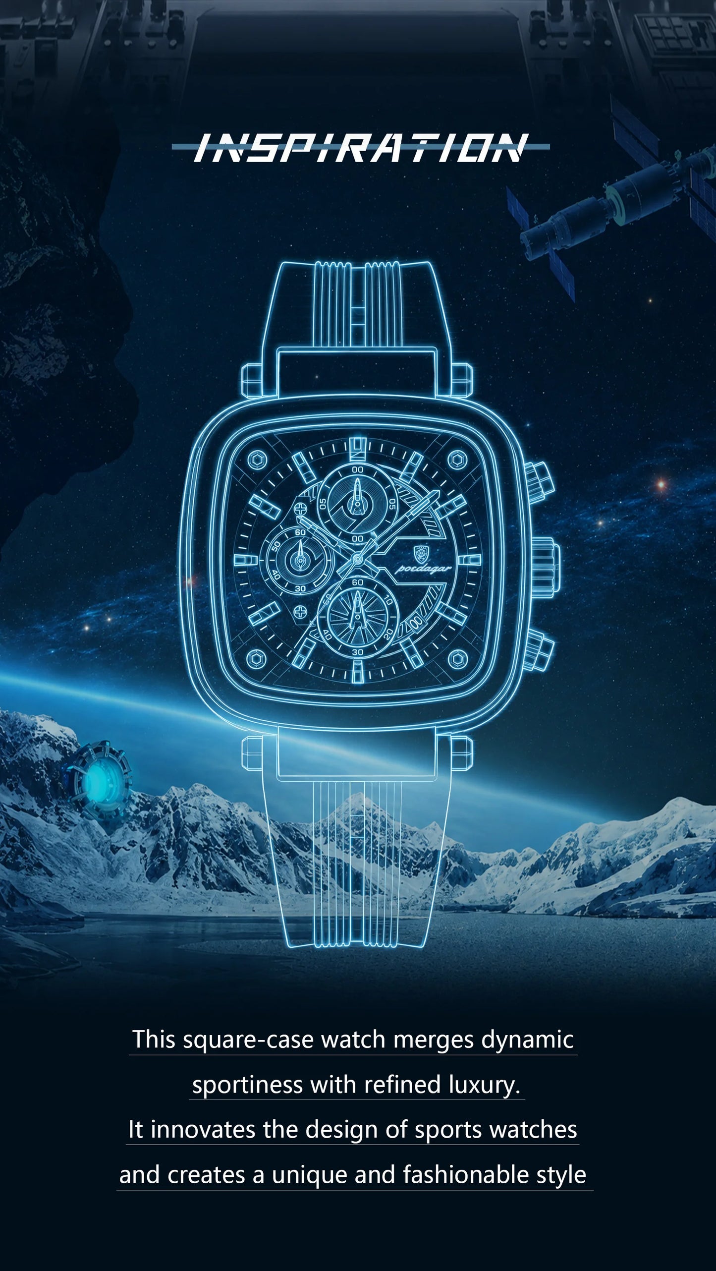 Square Chronograph Sport Watch – Luminous Dial with Silicone Strap & Date