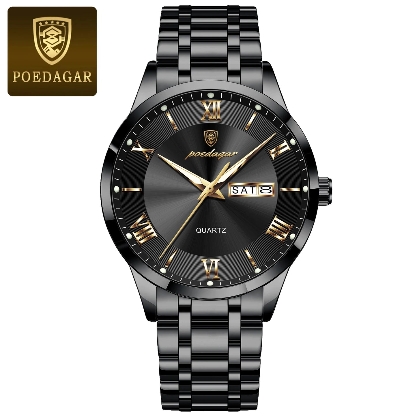 Roman Numeral Full Calendar Watch – Luminous Dial with Date, Week & Hidden Clasp