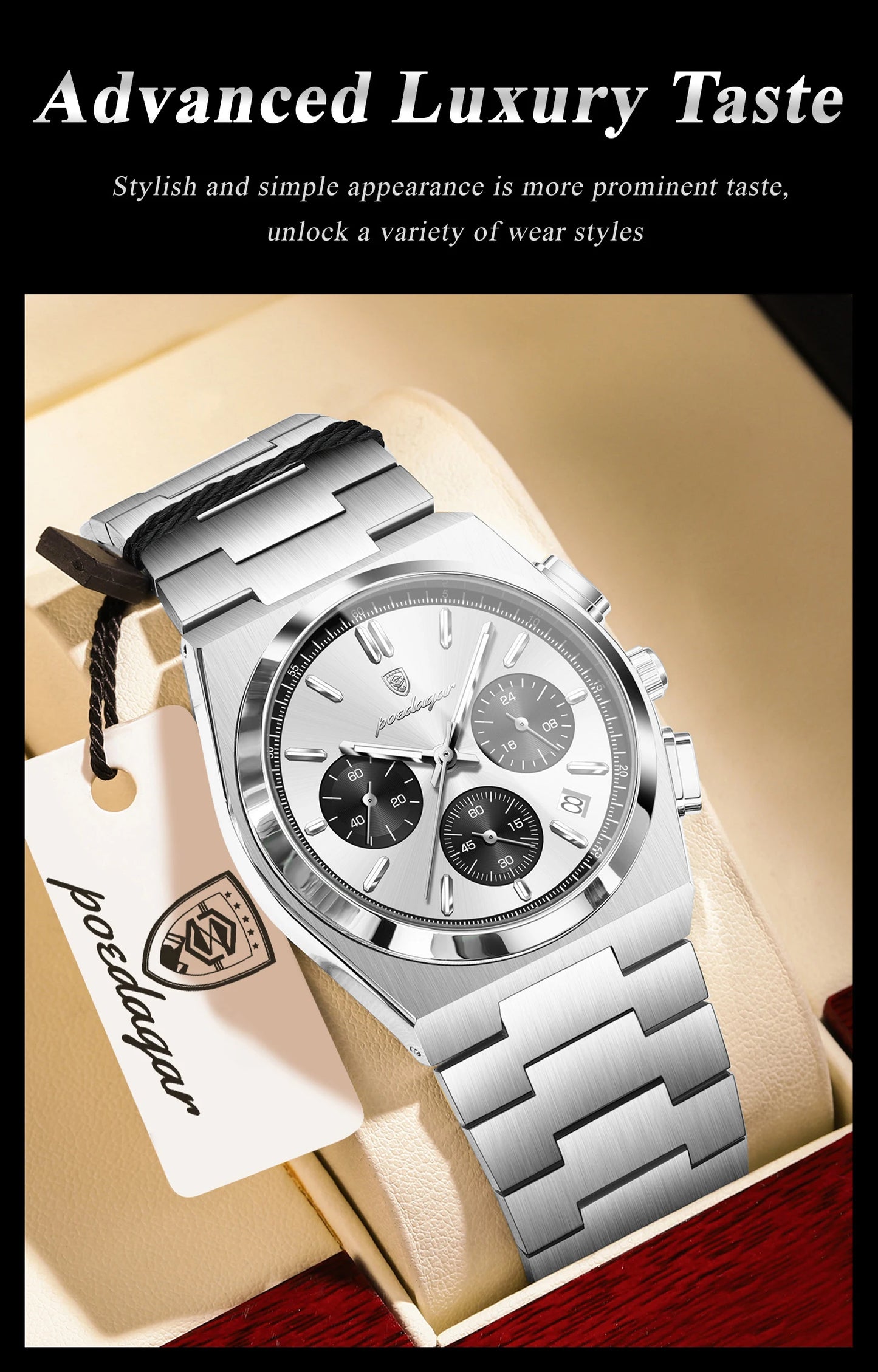 Chronograph Watch – Luminous Numberless Dial with Hidden Clasp
