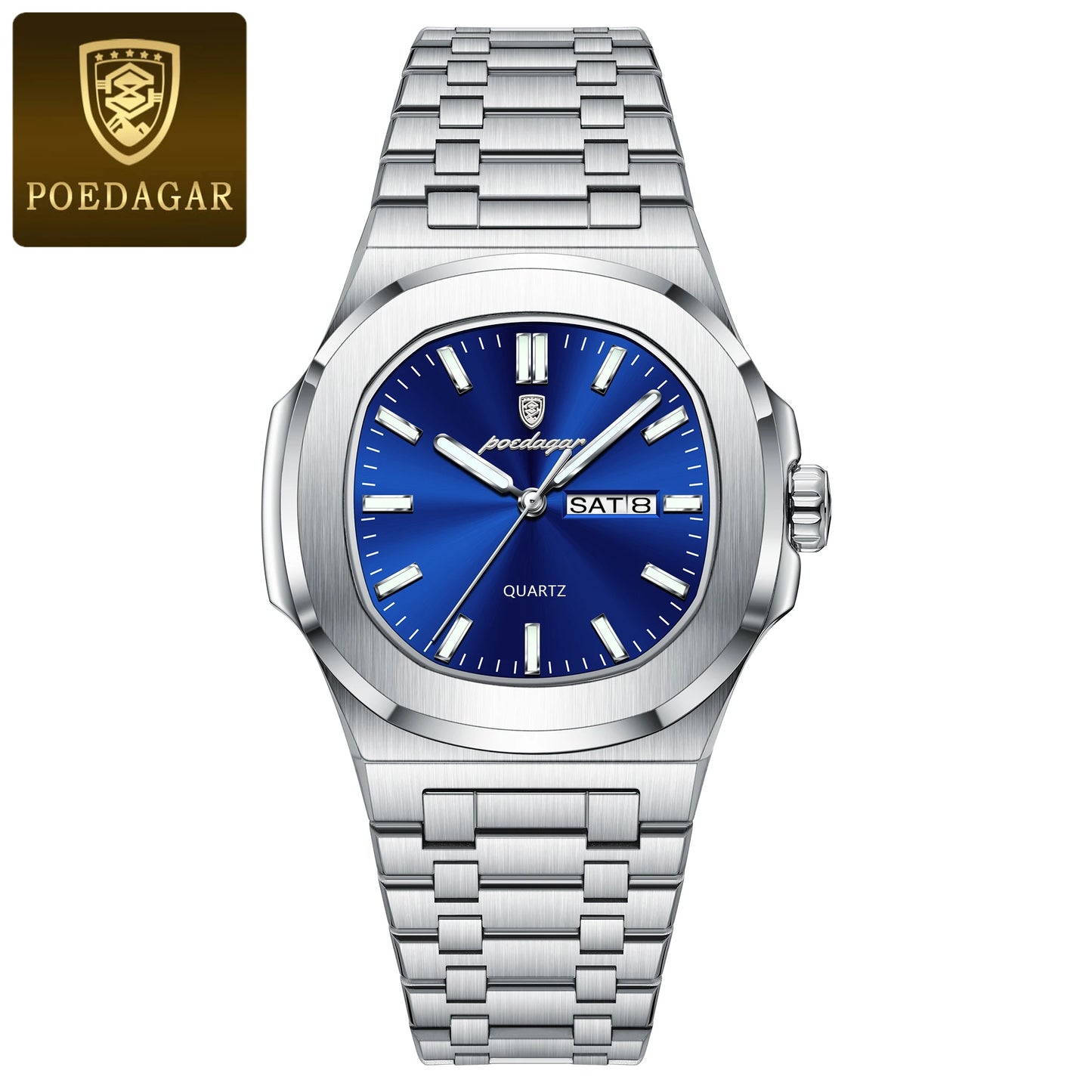 Square Full Calendar Watch – Date & Week Display with Hidden Clasp Bracelet