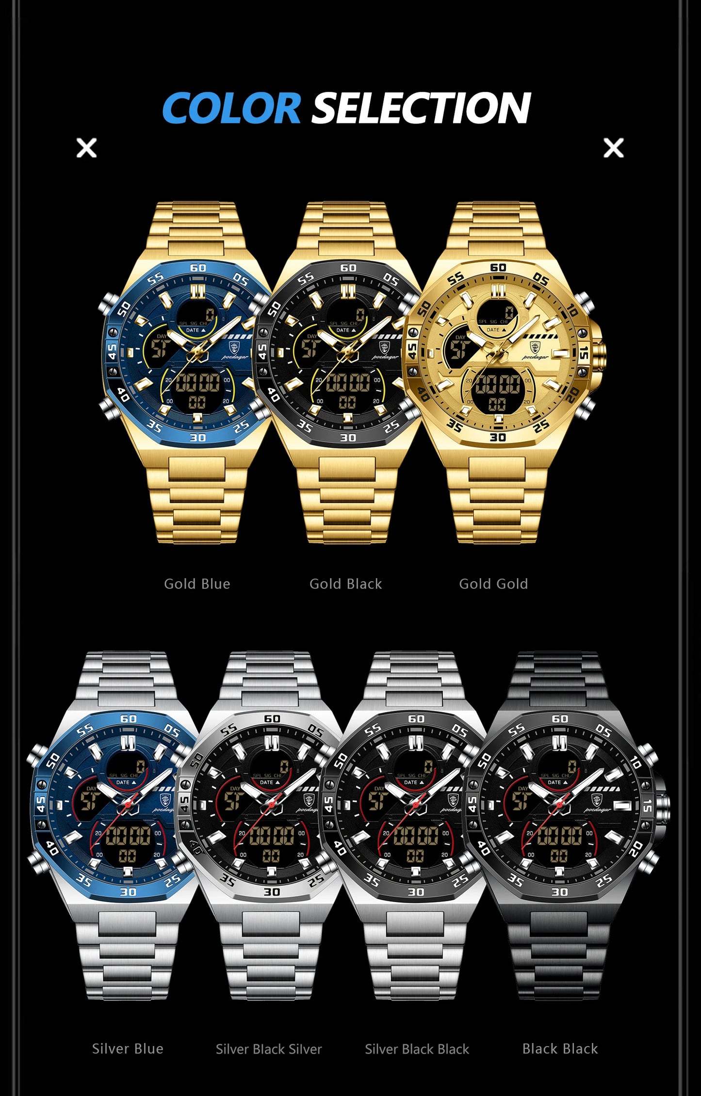 LED Analog-Digital Chronograph Watch – Full Calendar with Alarm & Bracelet