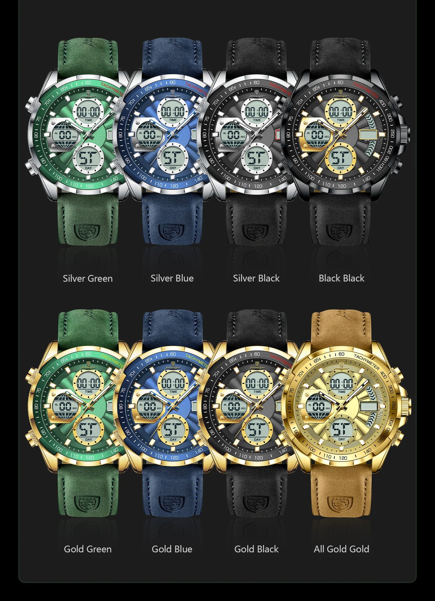 LED Analog-Digital Chronograph Watch – Dual Time & Alarm with Leather Strap