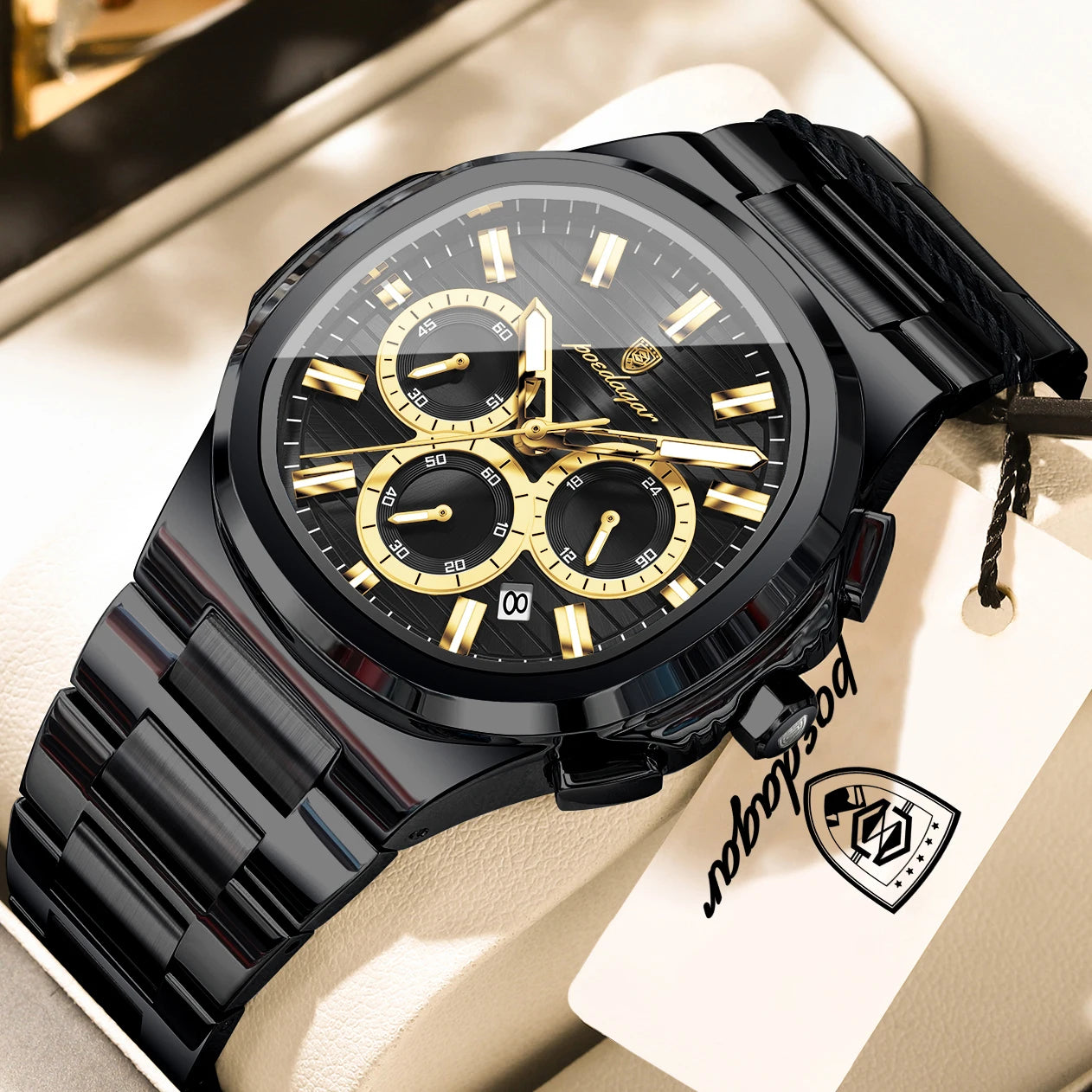 Square Chronograph Watch – Large Numberless Dial with Hidden Clasp Bracelet