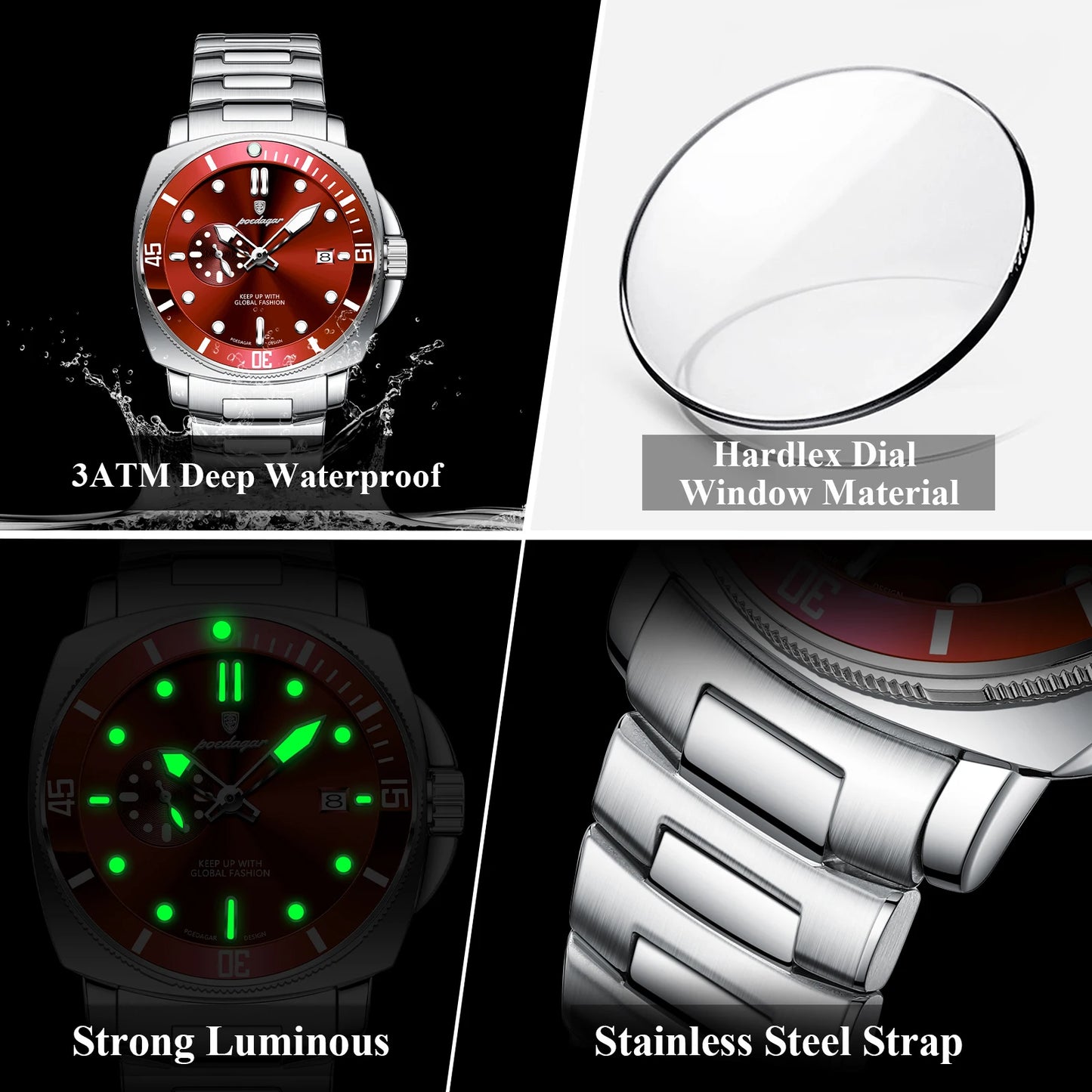 Business Date Watch – Luminous Numberless Dial with Hidden Clasp Bracelet