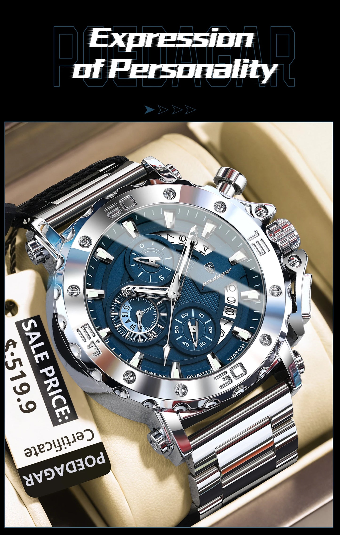 Large Chronograph Watch – Luminous Numberless Dial with Hidden Clasp