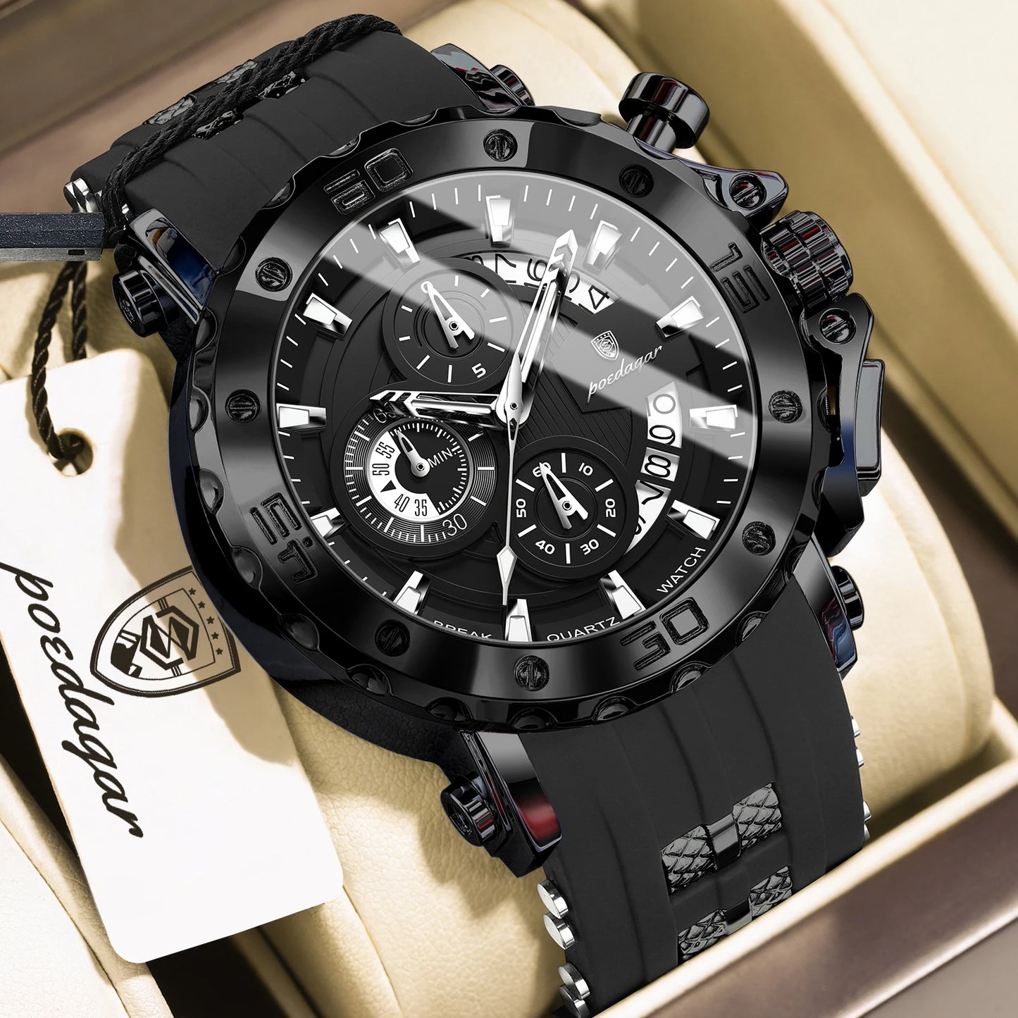 Large Chronograph Sport Watch – Full Calendar with Silicone Strap & Luminous Dial