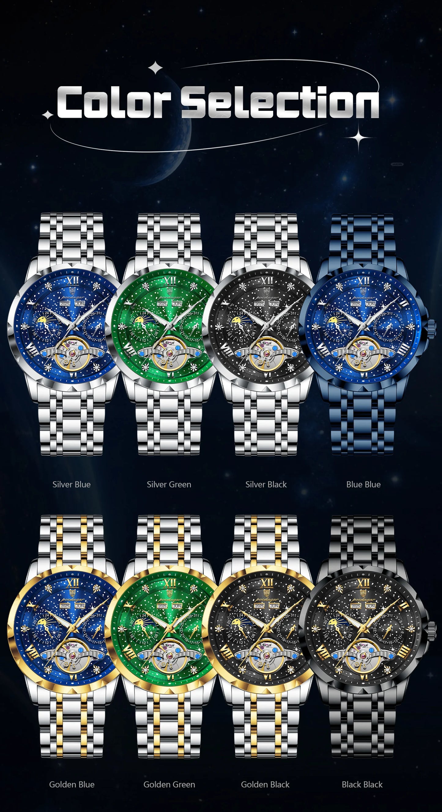 Automatic Skeleton Watch – Tourbillon Style with Roman Numeral Dial & Full Calendar