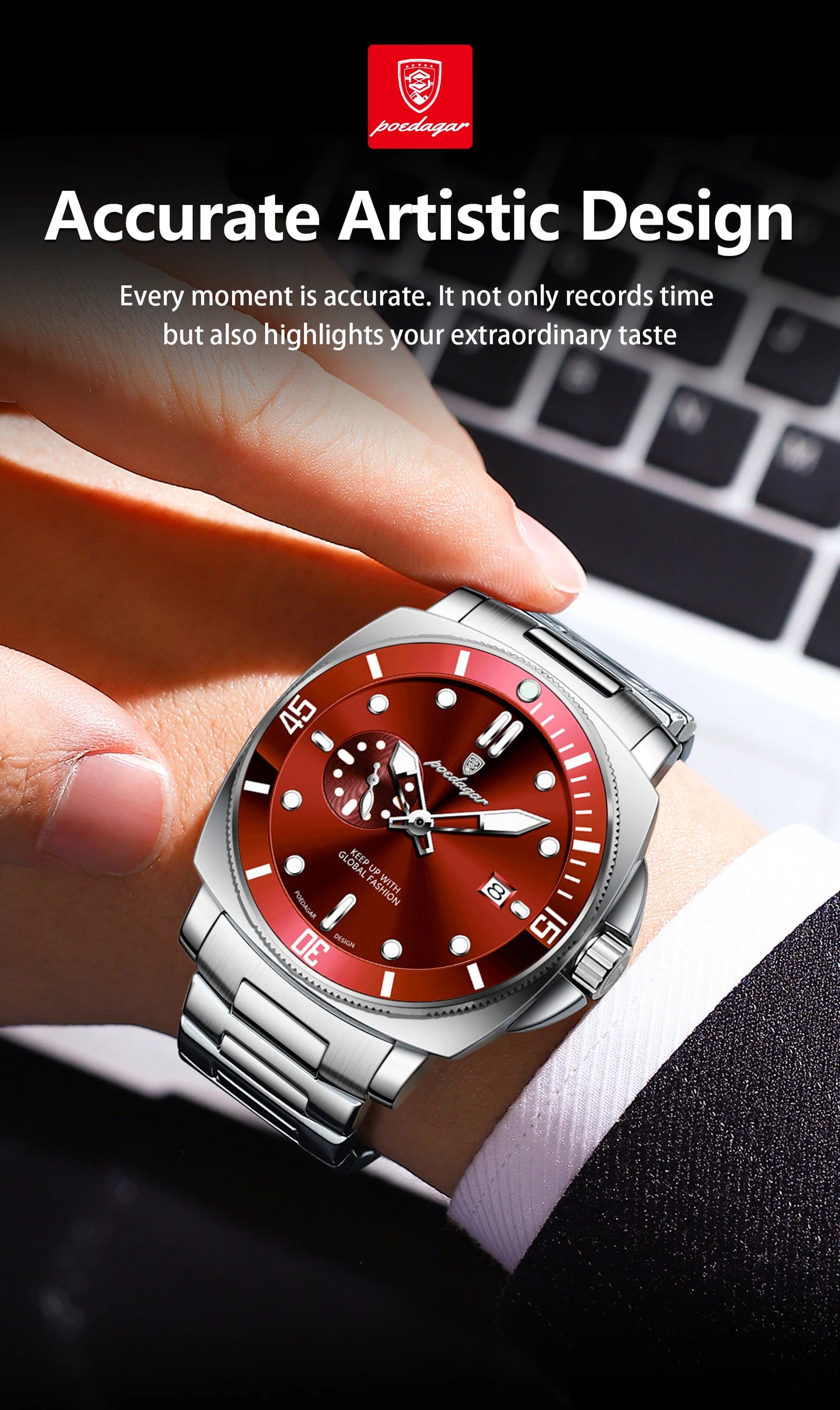 Business Date Watch – Luminous Numberless Dial with Hidden Clasp Bracelet