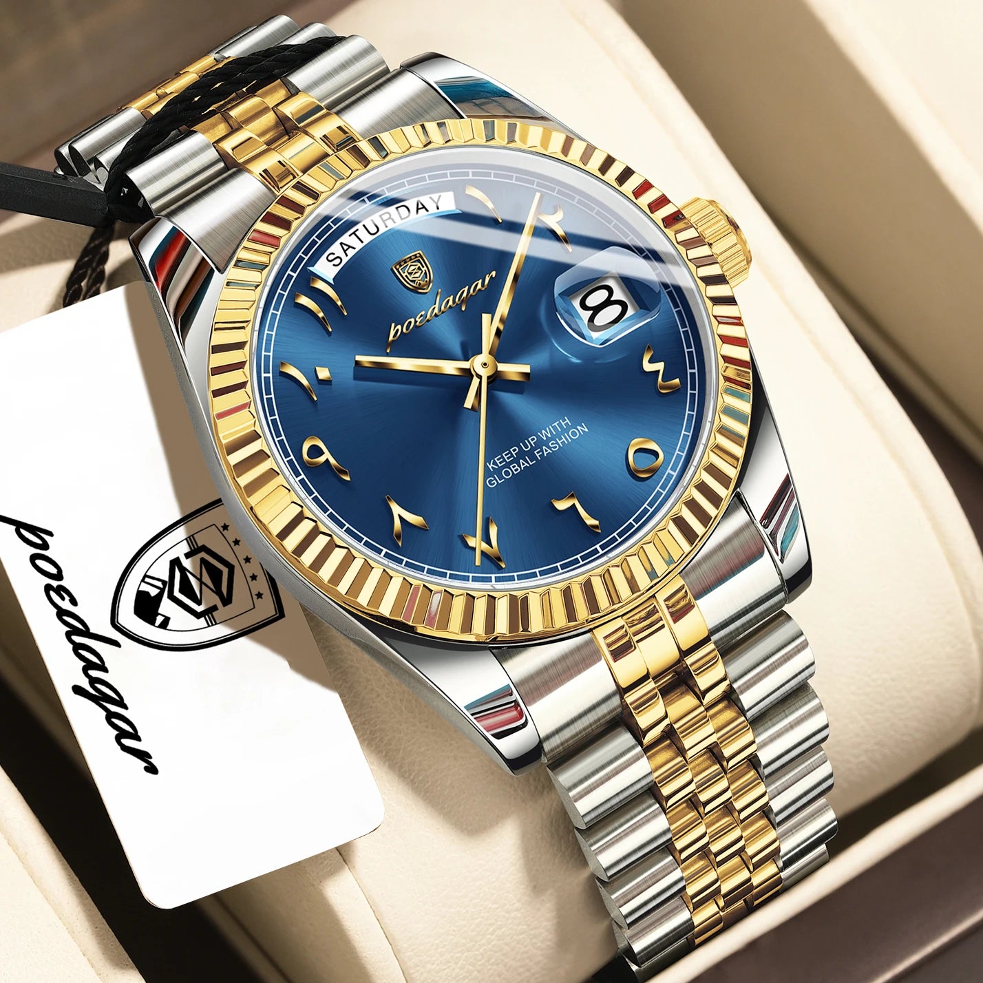 Full Calendar Slim Watch – Date & Week Display with Hidden Clasp Bracelet