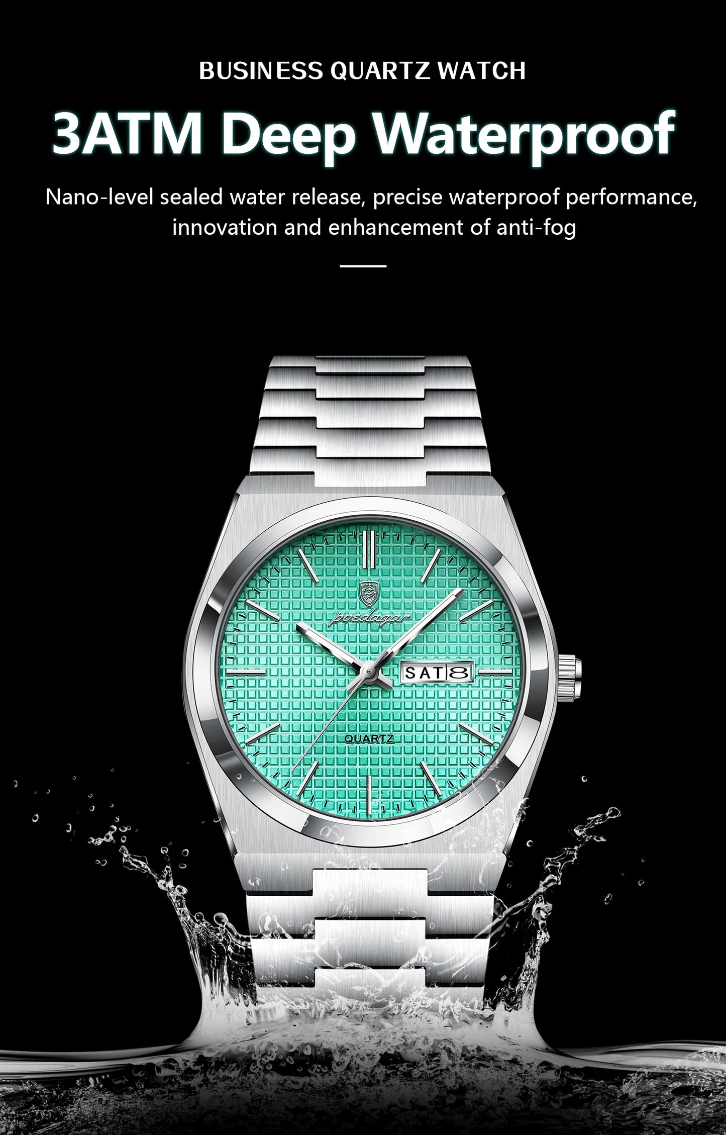 Full Calendar Stainless Steel Watch – Luminous Dial with Hidden Clasp Bracelet