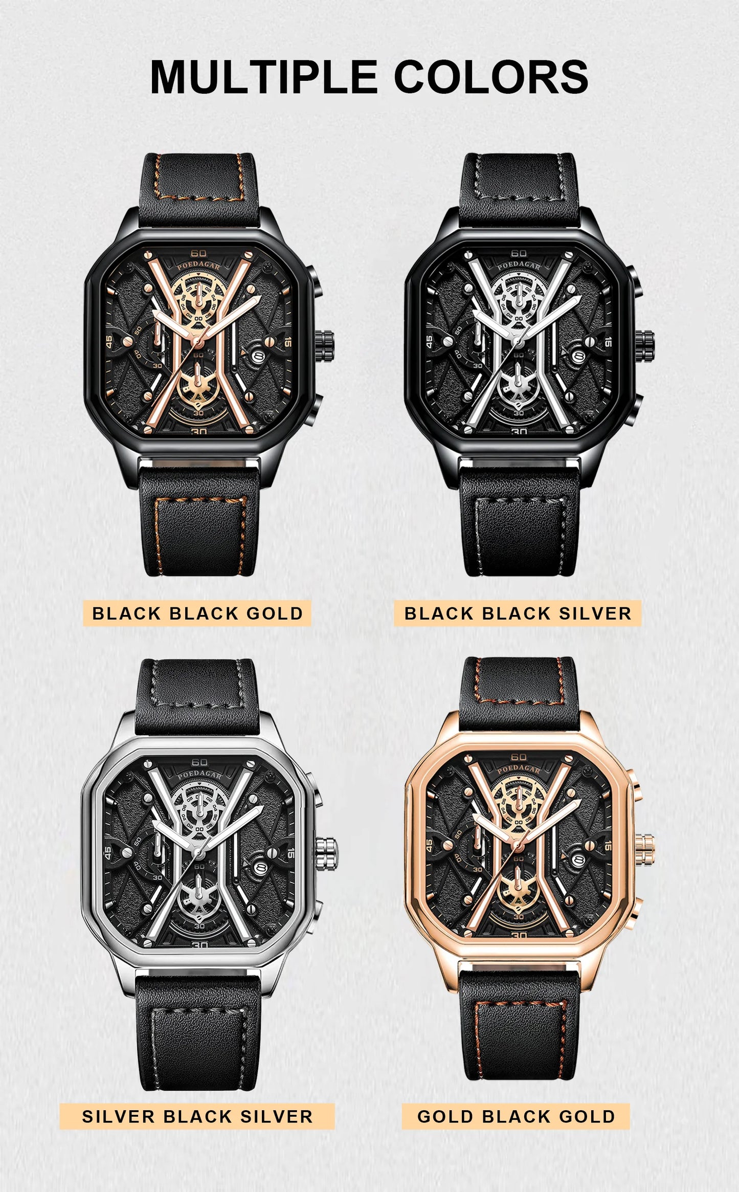 Square Chronograph Watch – Full Calendar with Leather Strap & Luminous Dial
