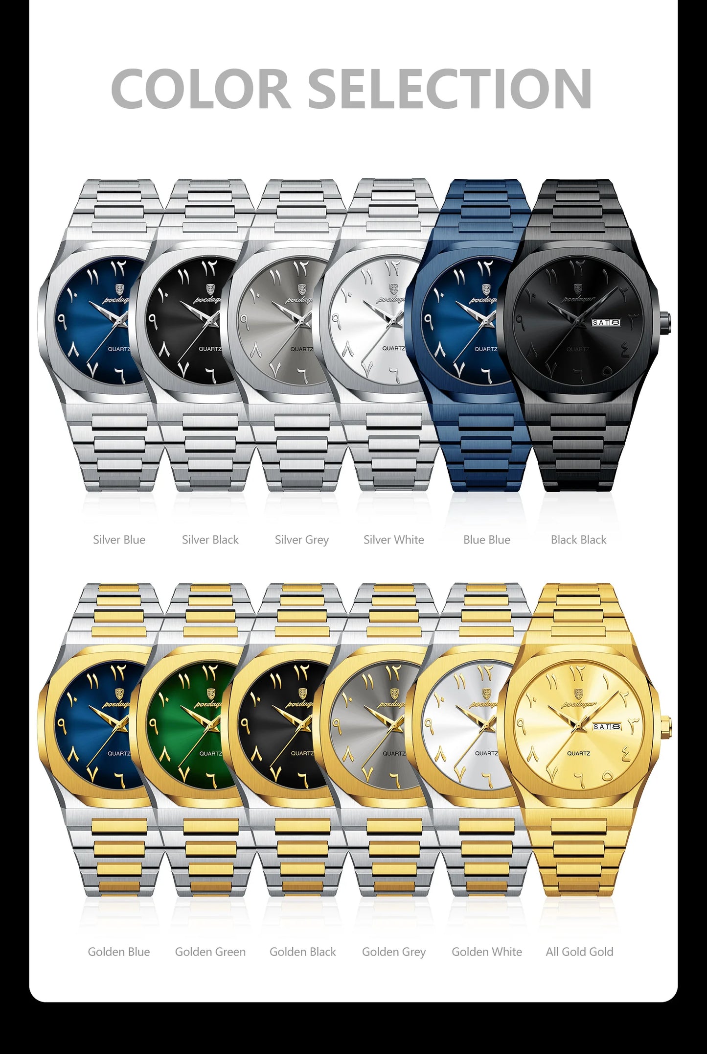 Irregular Shape Stainless Steel Watch – Full Calendar with Date & Week Display