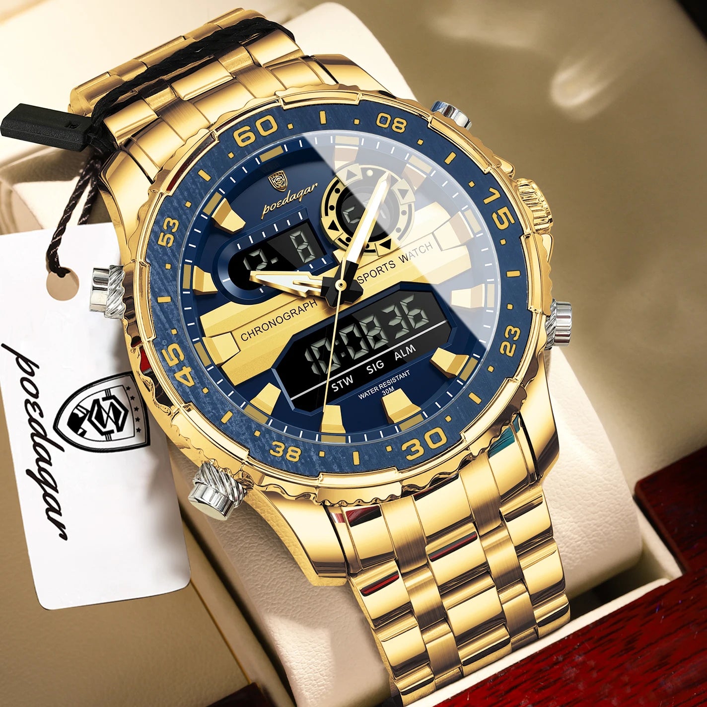 Square Chronograph Watch – Large Numberless Dial with Hidden Clasp Bracelet