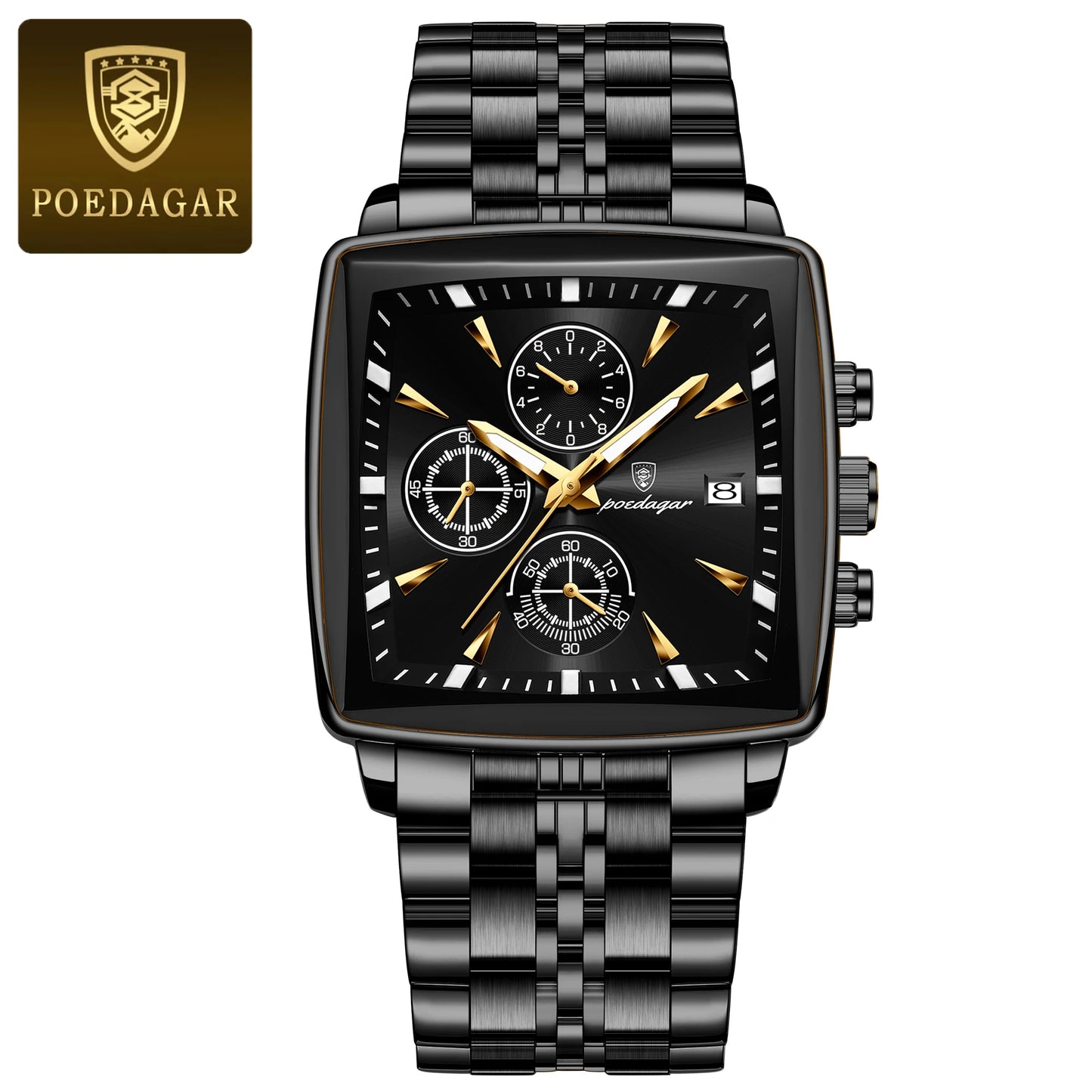 Square Chronograph Watch – Luminous Numberless Dial with Hidden Clasp Bracelet