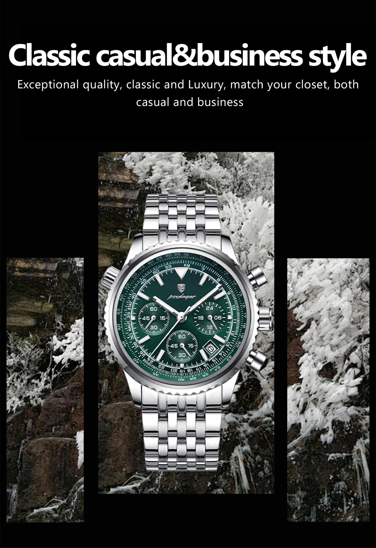 Chronograph Date Watch – Luminous Numberless Dial with Hidden Clasp Bracelet