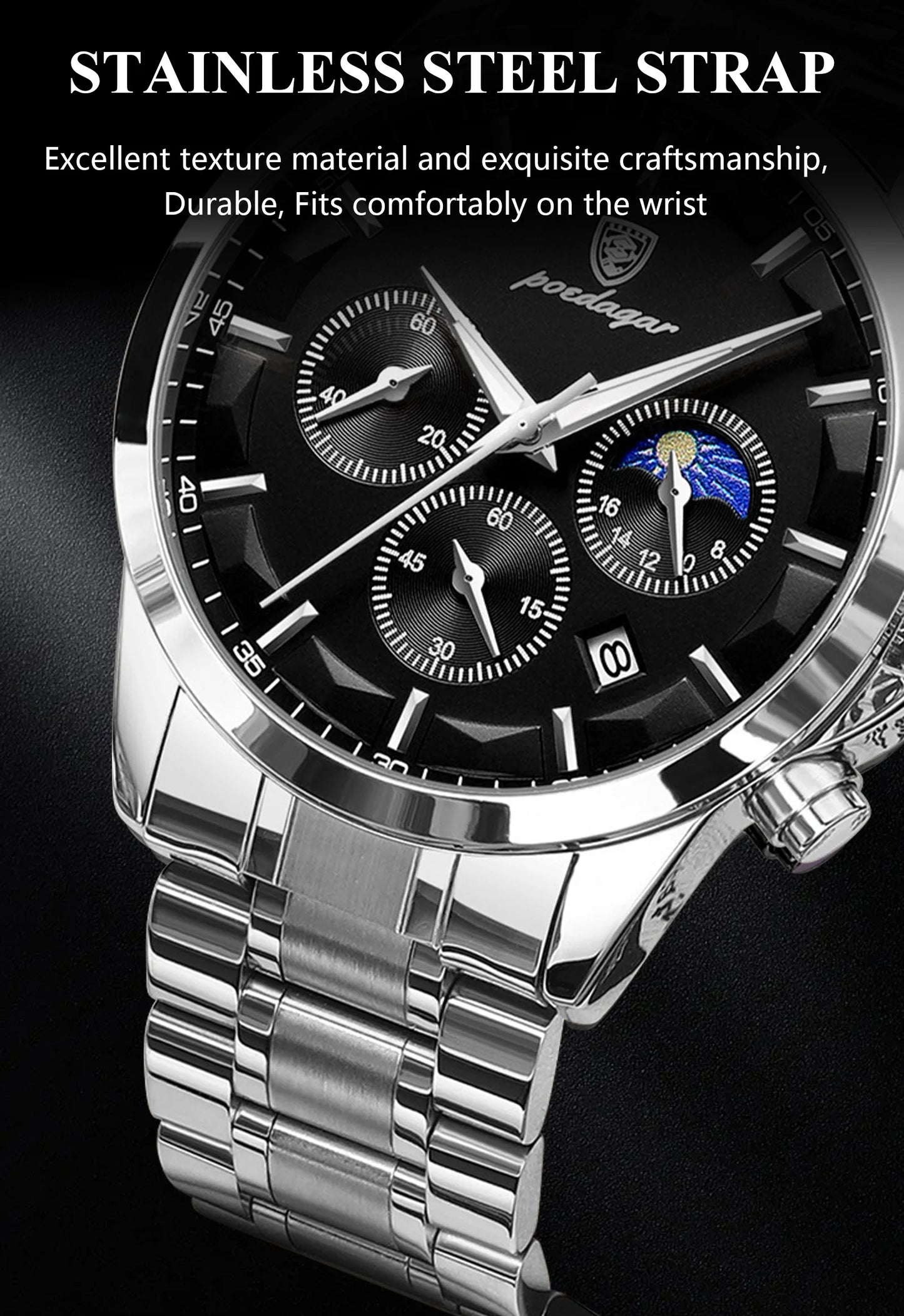 Chronograph Date Watch – Luminous Numberless Dial with Bracelet Clasp