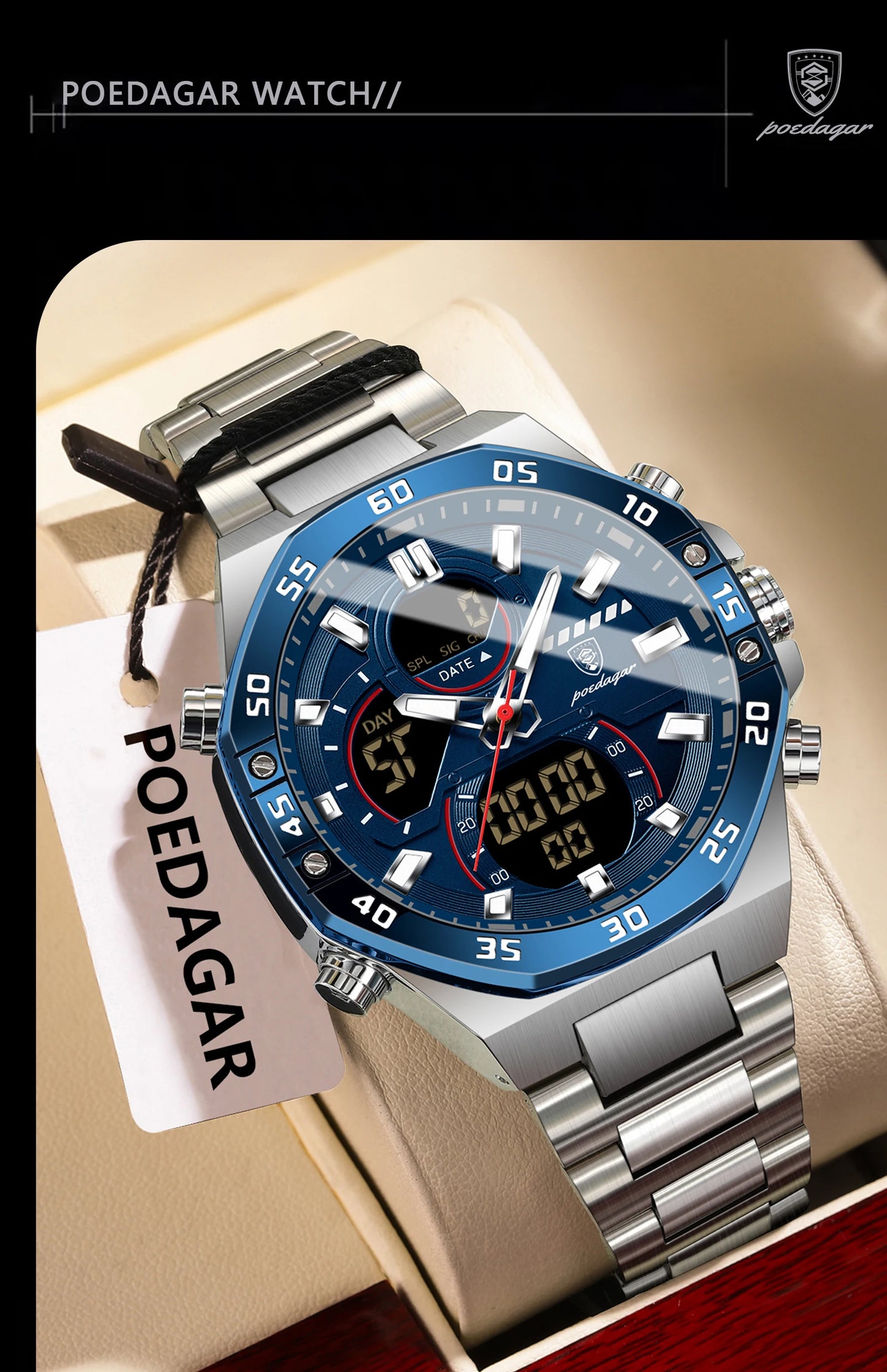 LED Analog-Digital Chronograph Watch – Full Calendar with Alarm & Bracelet