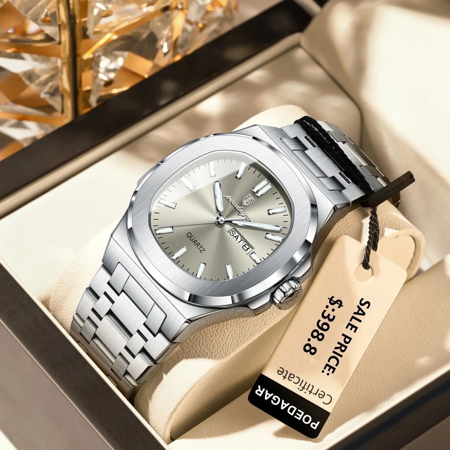 Square Full Calendar Watch – Date & Week Display with Hidden Clasp Bracelet