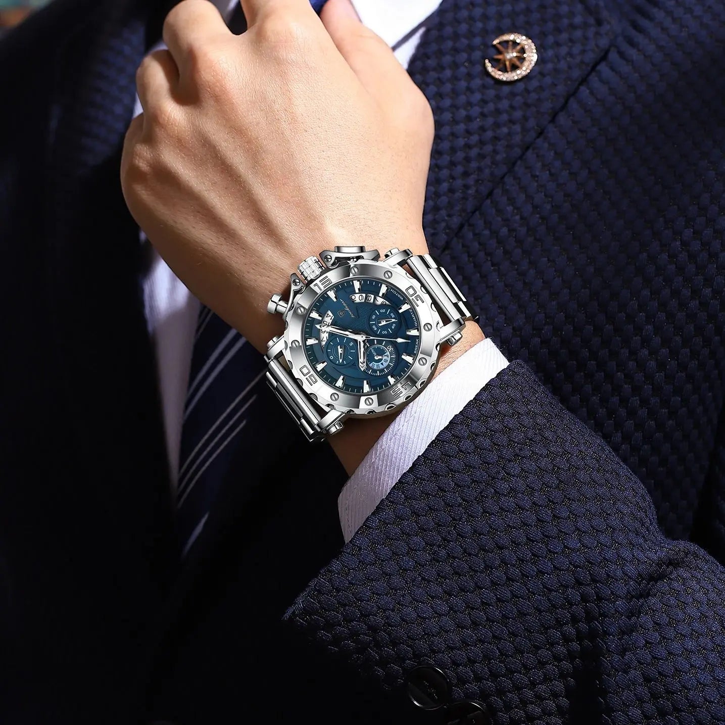Large Chronograph Watch – Luminous Numberless Dial with Hidden Clasp