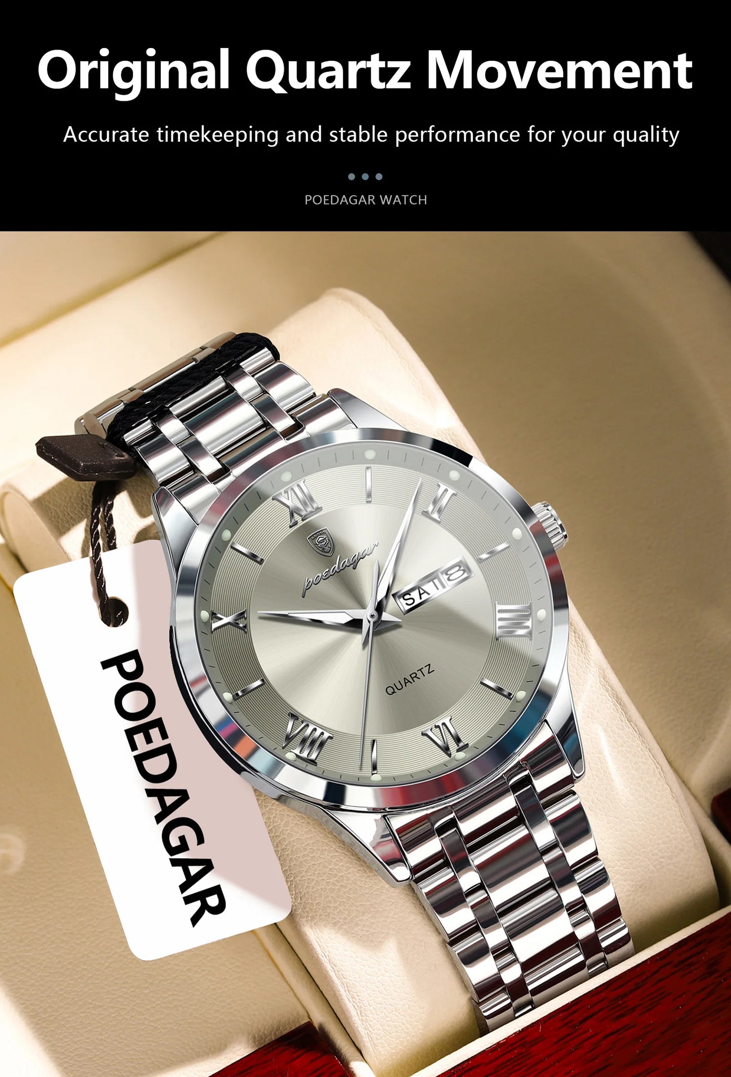 Roman Numeral Full Calendar Watch – Luminous Dial with Hidden Clasp Bracelet
